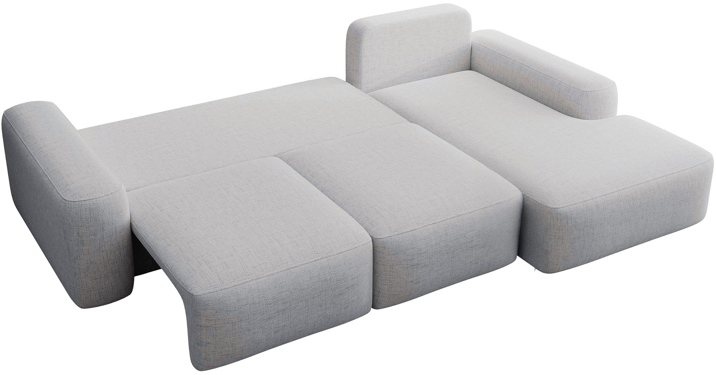 Ecksofa mit Schlaffunktion Carnos, L-förmig mit Ball, einzelne Kissen, grauer hydrophober Chenille, rechtsseitig