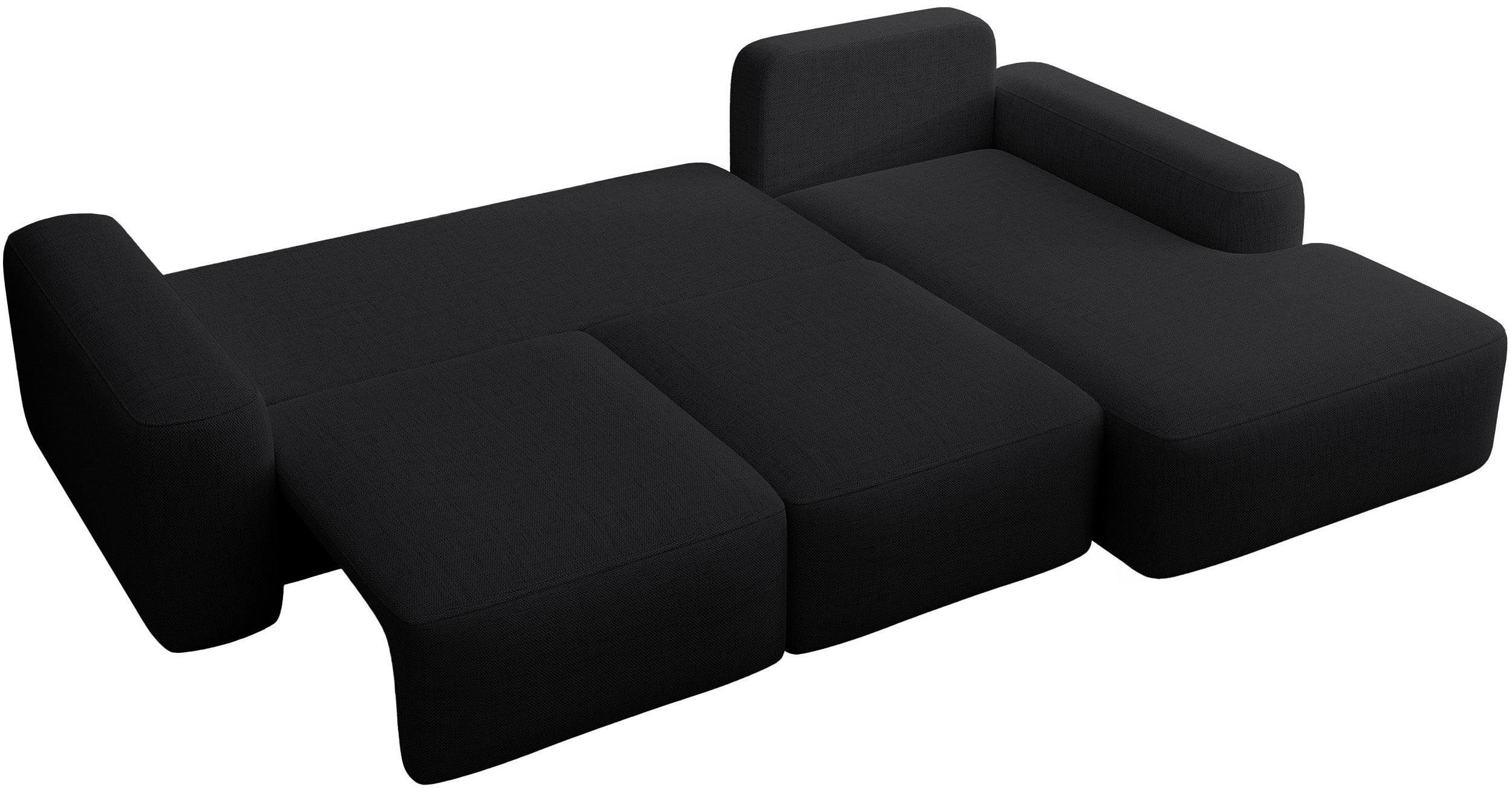 Ecksofa mit Schlaffunktion Carnos, L-förmig, mit zusätzlichen Lendenkissen, schwarzer hydrophober Chenille, rechtsseitig