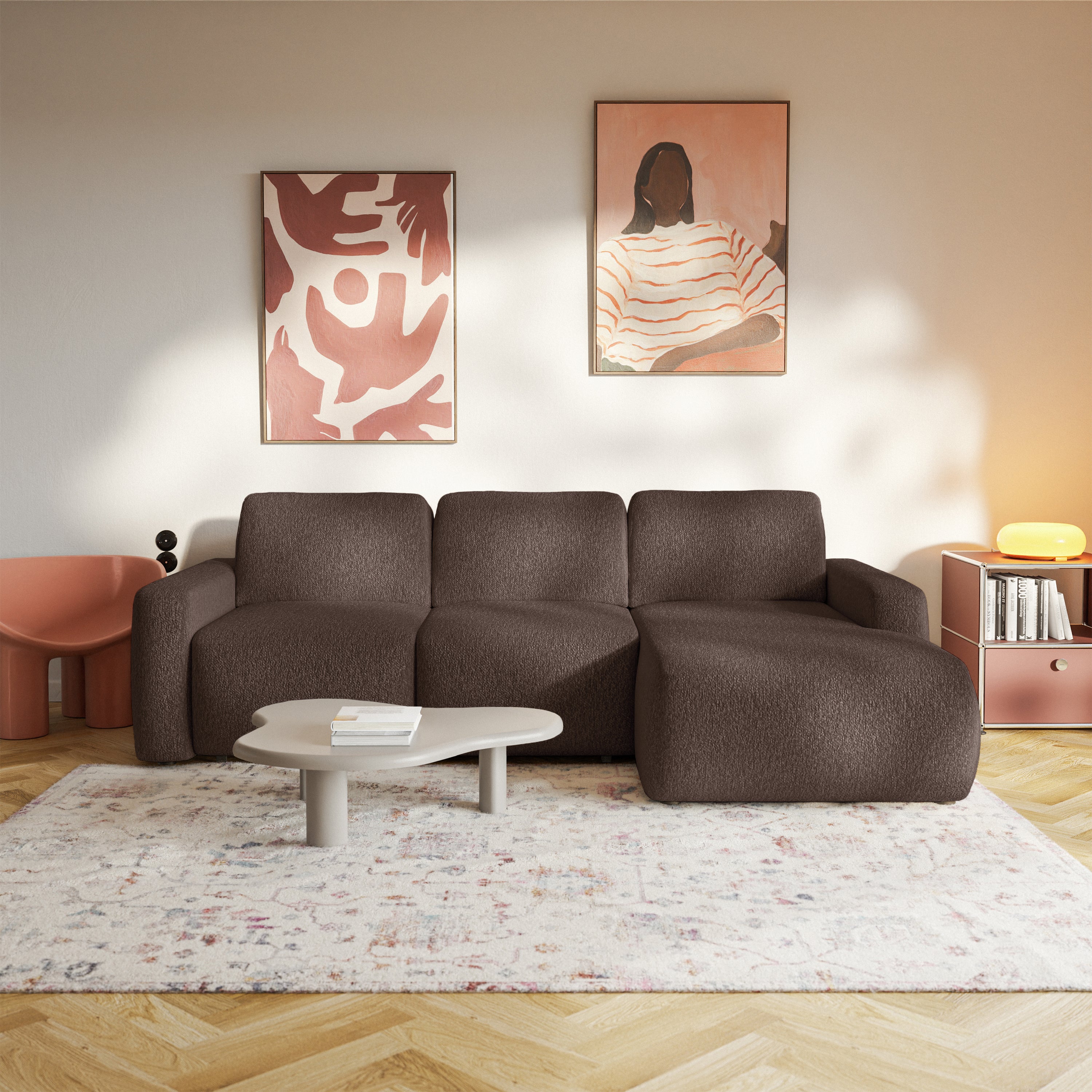 Ecksofa mit Schlaffunktion Carnos Mini, L-förmig, rechtsseitig, braunes Chenille