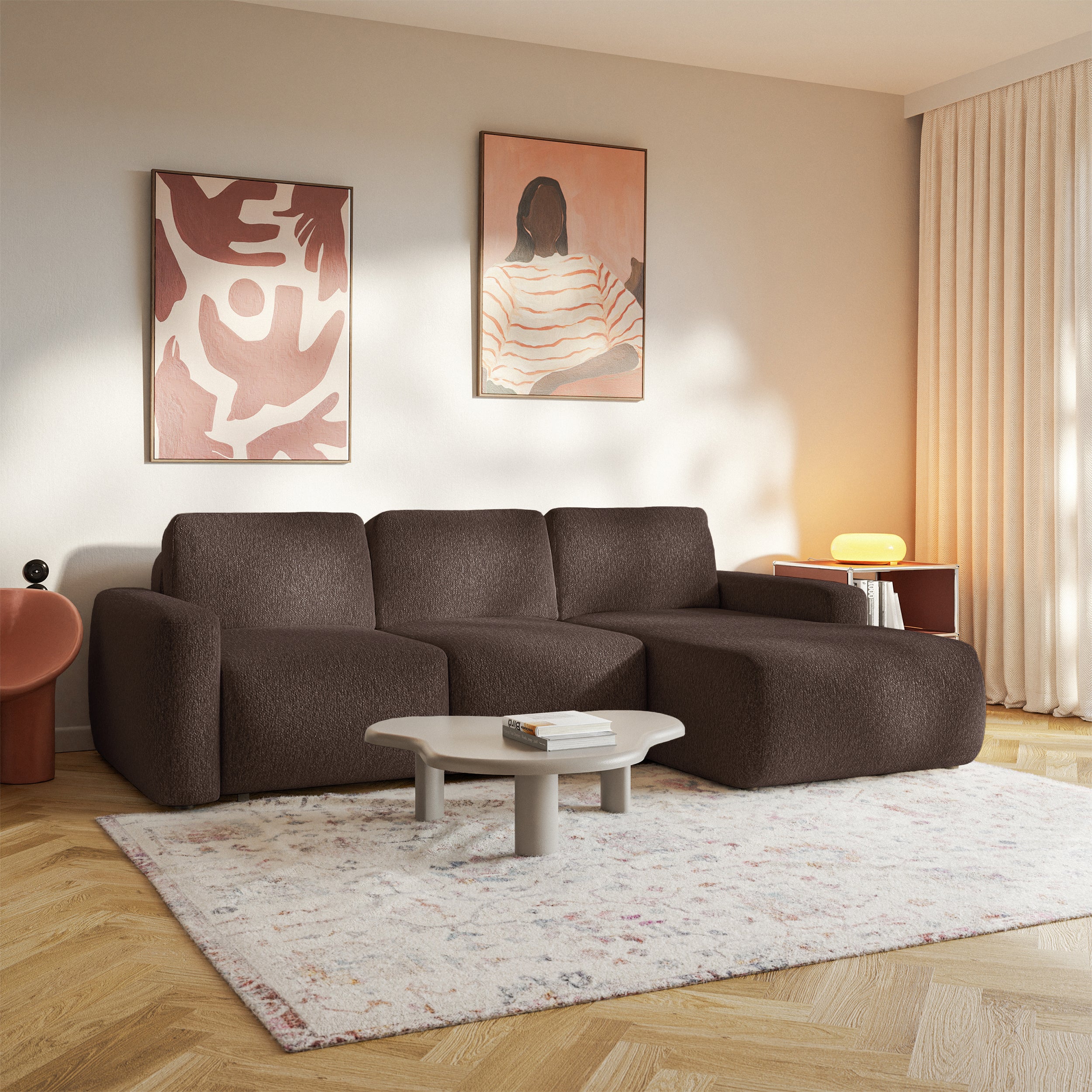 Ecksofa mit Schlaffunktion Carnos Mini, L-förmig, rechtsseitig, braunes Chenille