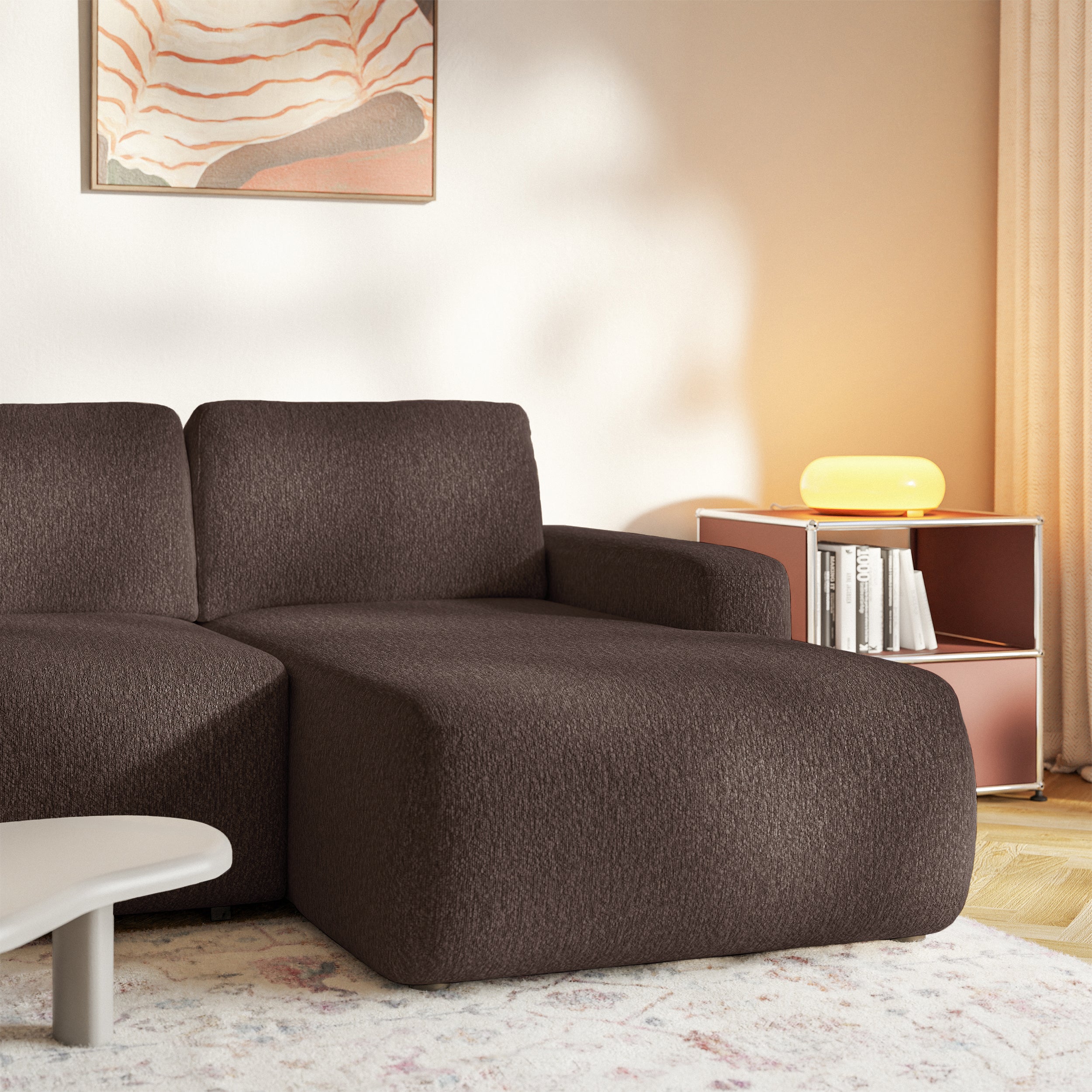 Ecksofa mit Schlaffunktion Carnos Mini, L-förmig, rechtsseitig, braunes Chenille
