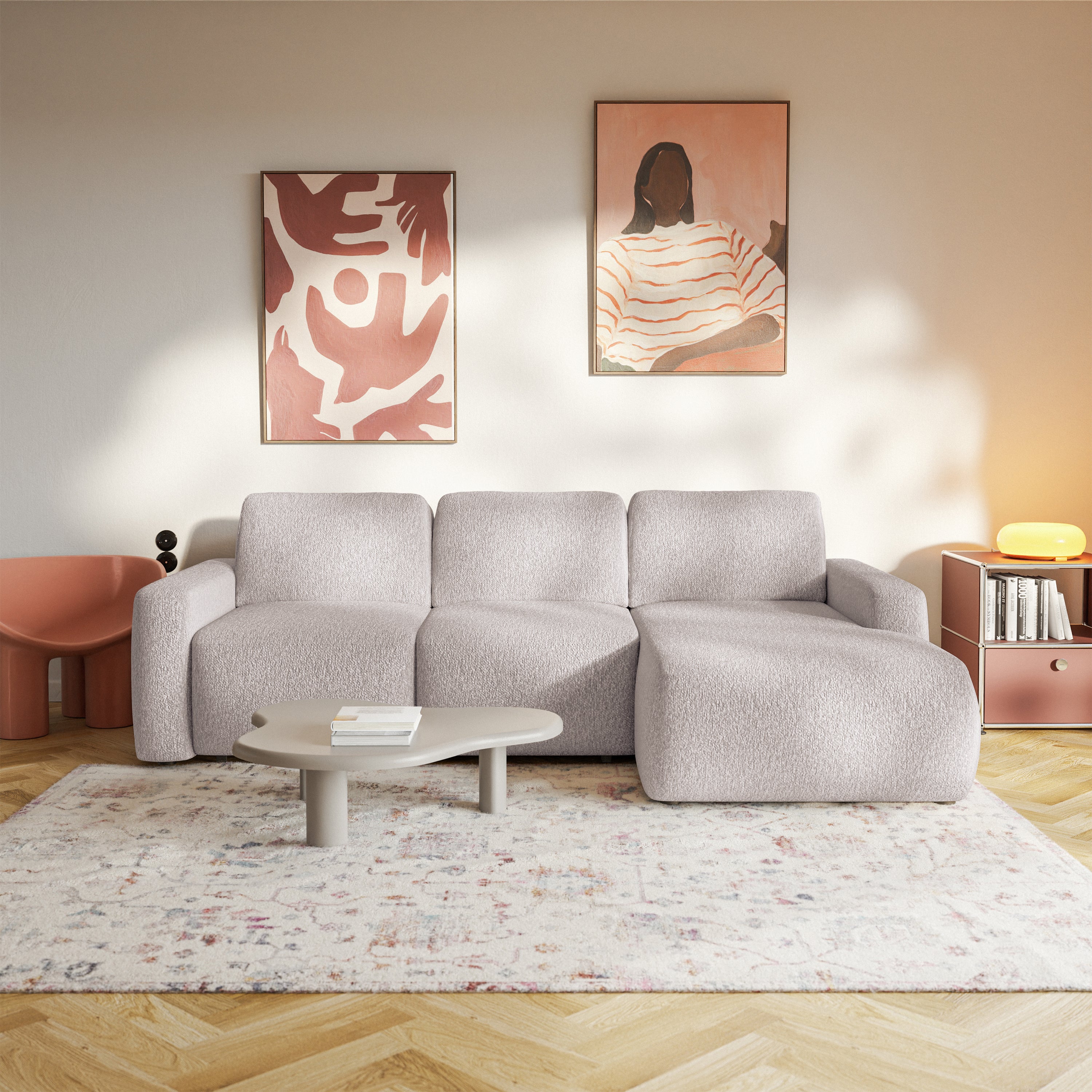 Ecksofa mit Schlaffunktion Carnos Mini, L-förmig, rechtsseitig, beige Chenille
