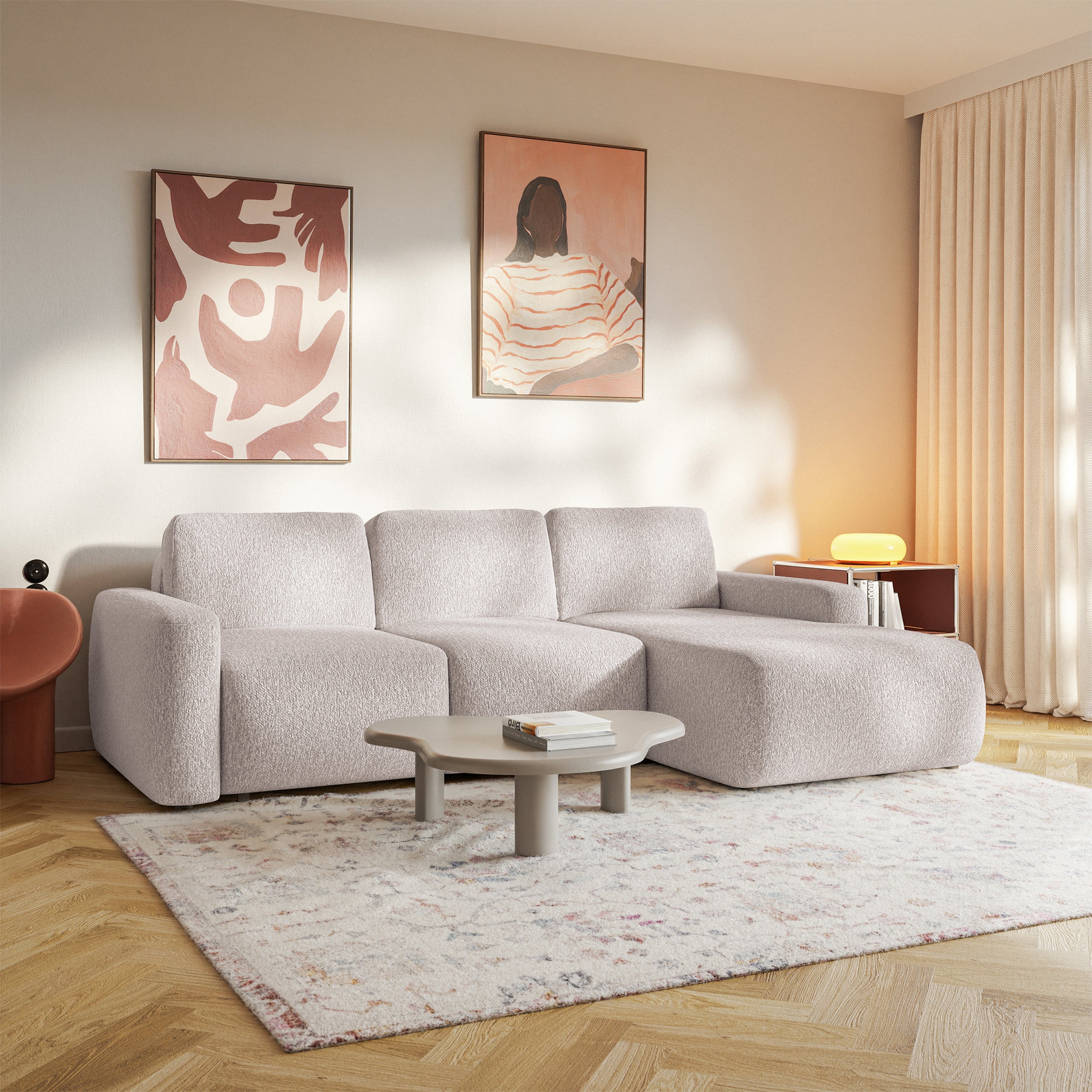 Ecksofa mit Schlaffunktion Carnos Mini, L-förmig, rechtsseitig, beige Chenille