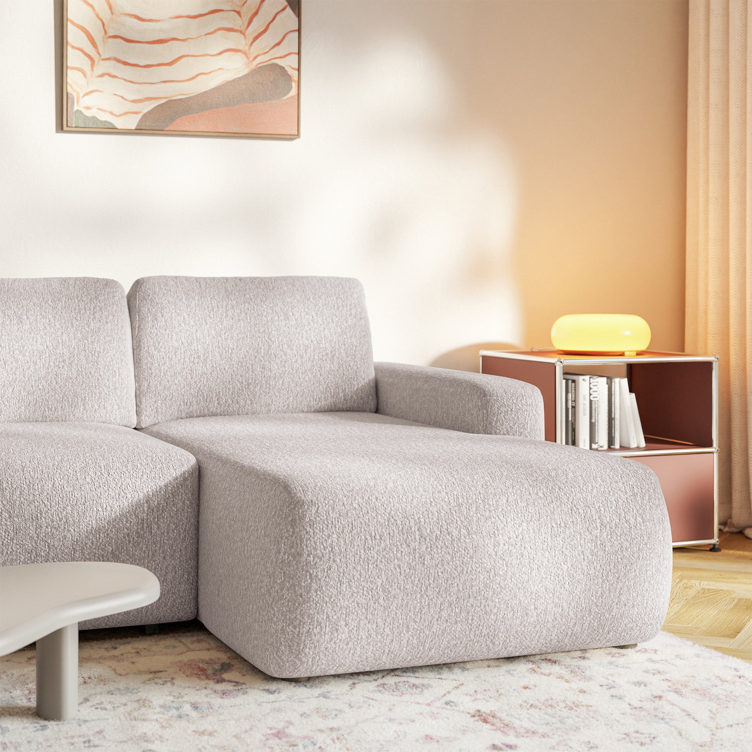 Ecksofa mit Schlaffunktion Carnos Mini, L-förmig, rechtsseitig, beige Chenille