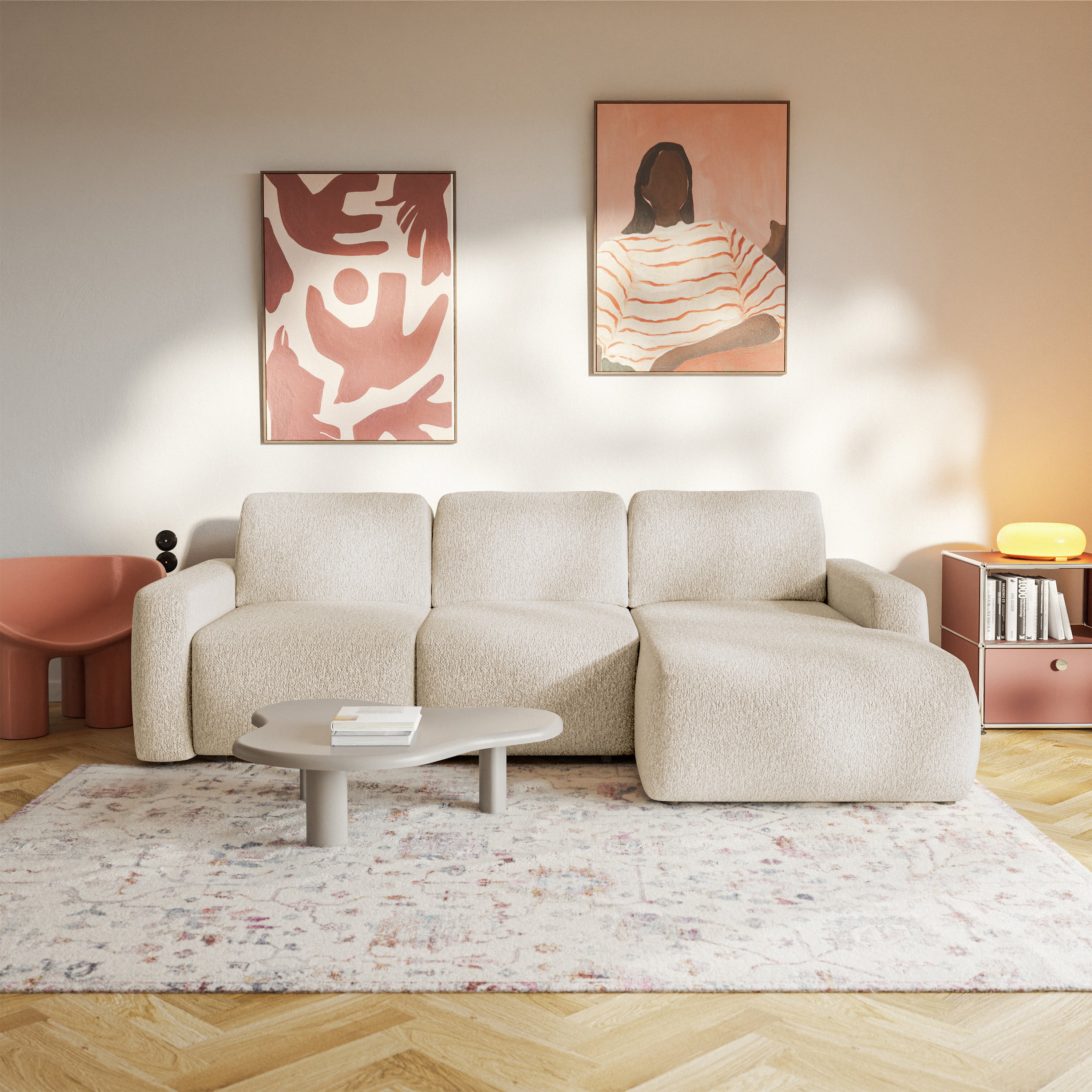 Ecksofa mit Schlaffunktion Carnos Mini, L-förmig, rechtsseitig, hellbeige Chenille
