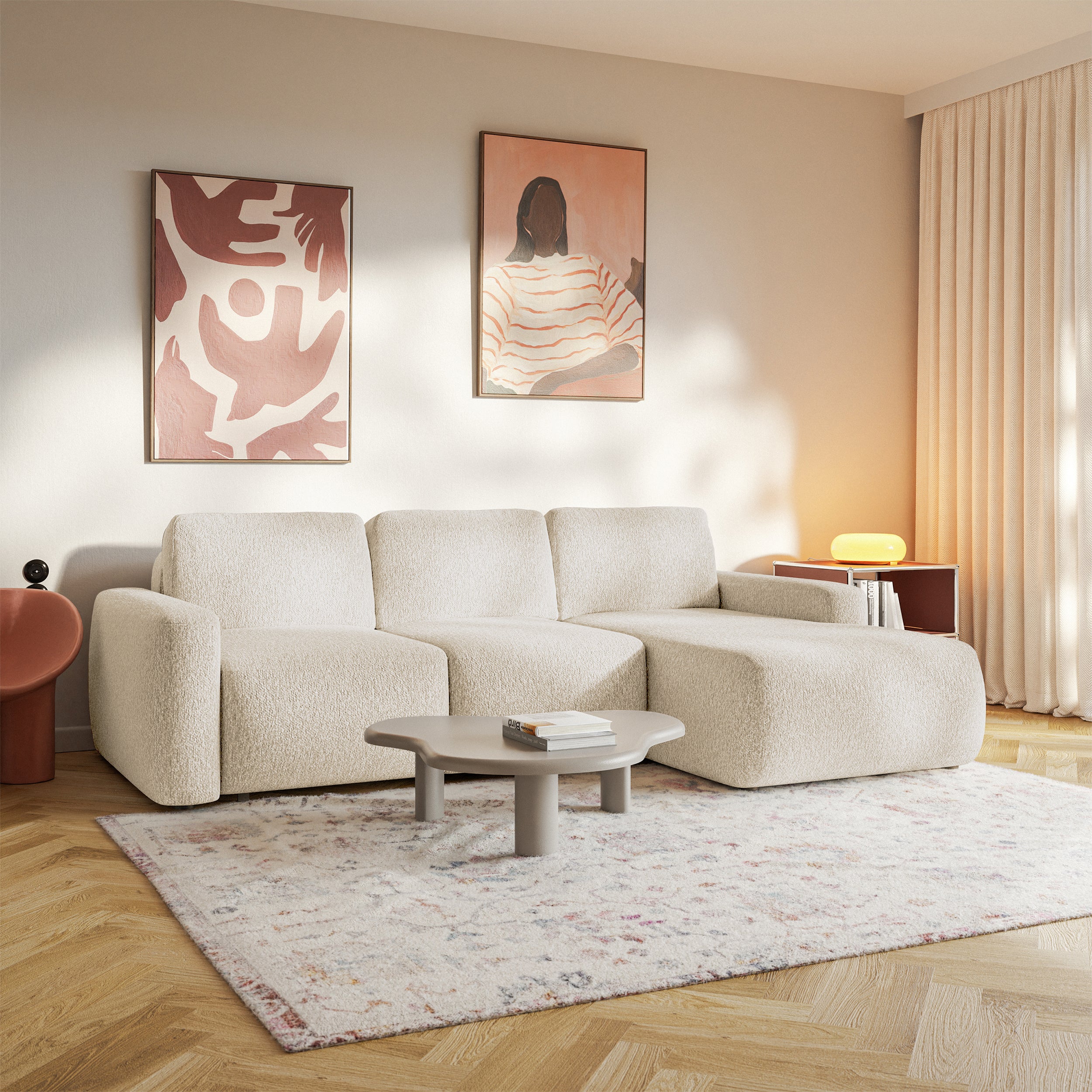 Ecksofa mit Schlaffunktion Carnos Mini, L-förmig, rechtsseitig, hellbeige Chenille