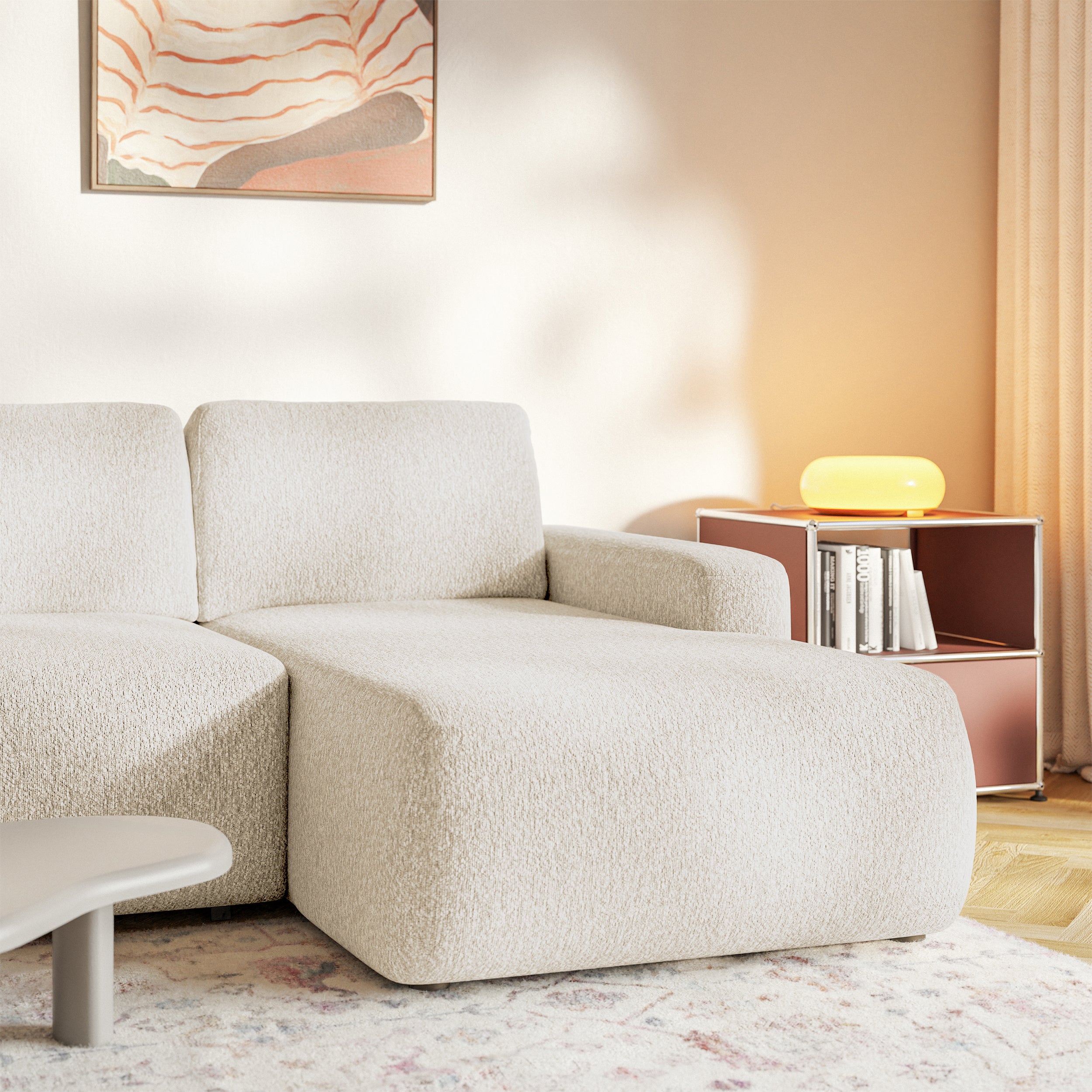 Ecksofa mit Schlaffunktion Carnos Mini, L-förmig, rechtsseitig, hellbeige Chenille