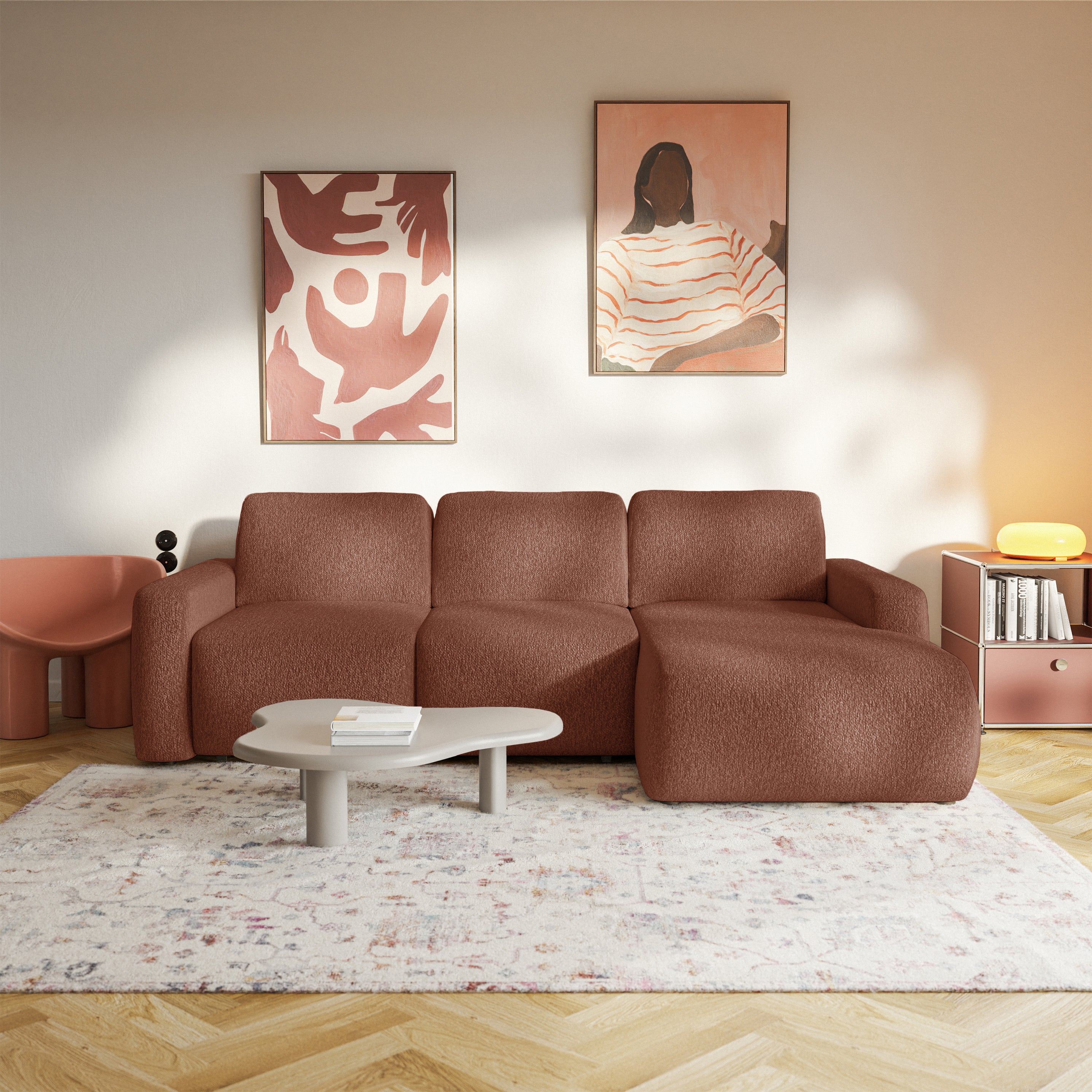 Ecksofa mit Schlaffunktion Carnos Mini, L-förmig, rechtsseitig, kupferfarbenes Chenille