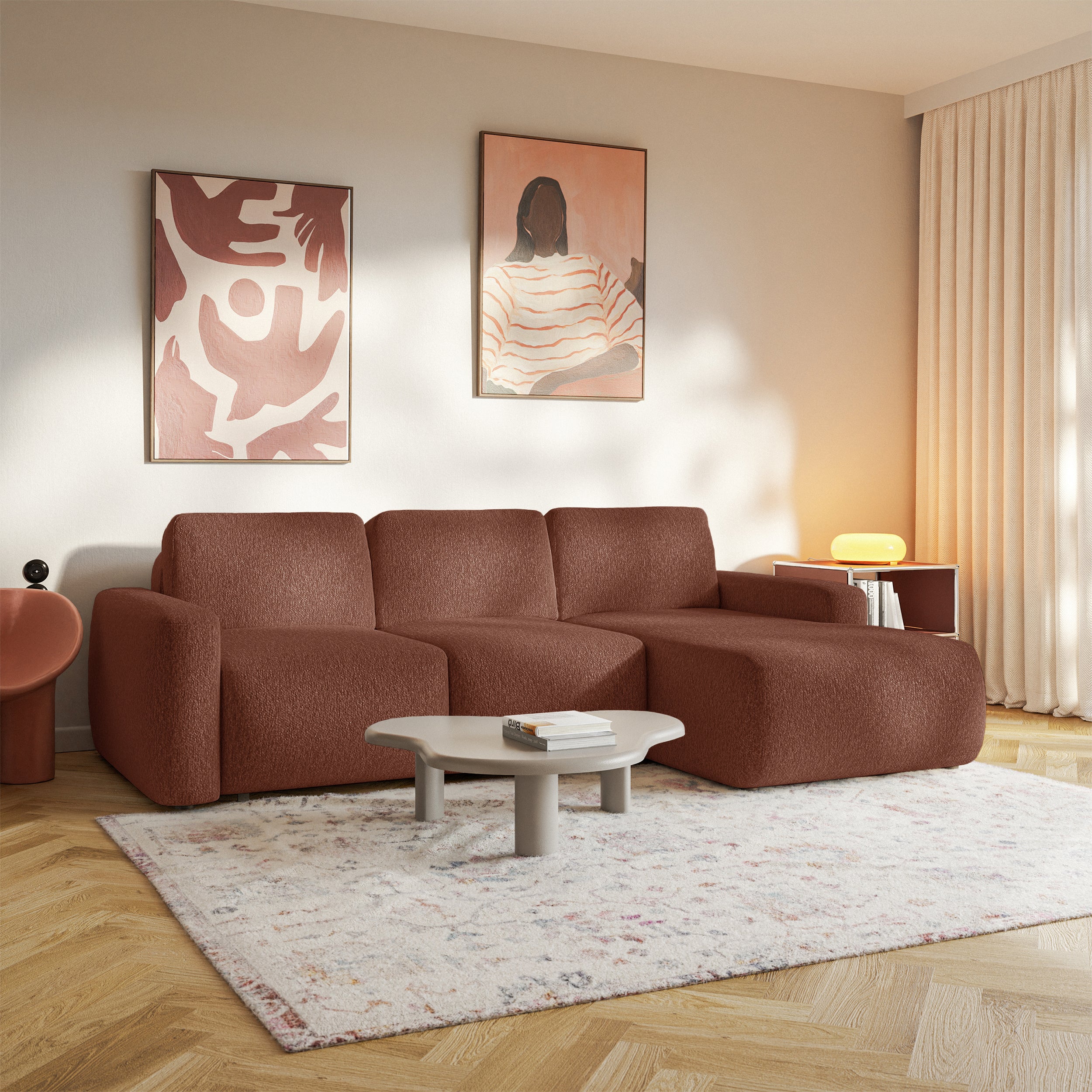 Ecksofa mit Schlaffunktion Carnos Mini, L-förmig, rechtsseitig, kupferfarbenes Chenille