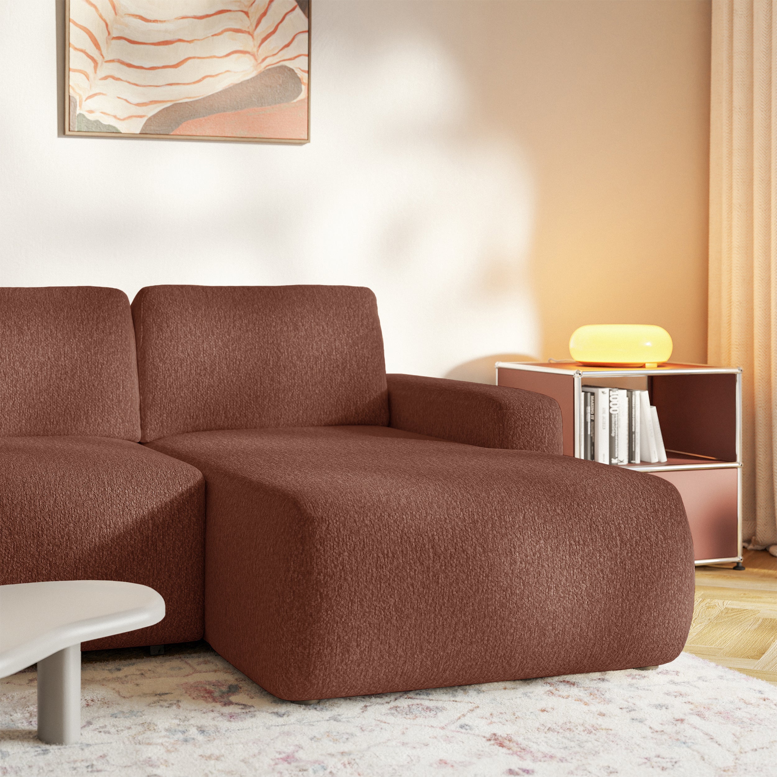 Ecksofa mit Schlaffunktion Carnos Mini, L-förmig, rechtsseitig, kupferfarbenes Chenille