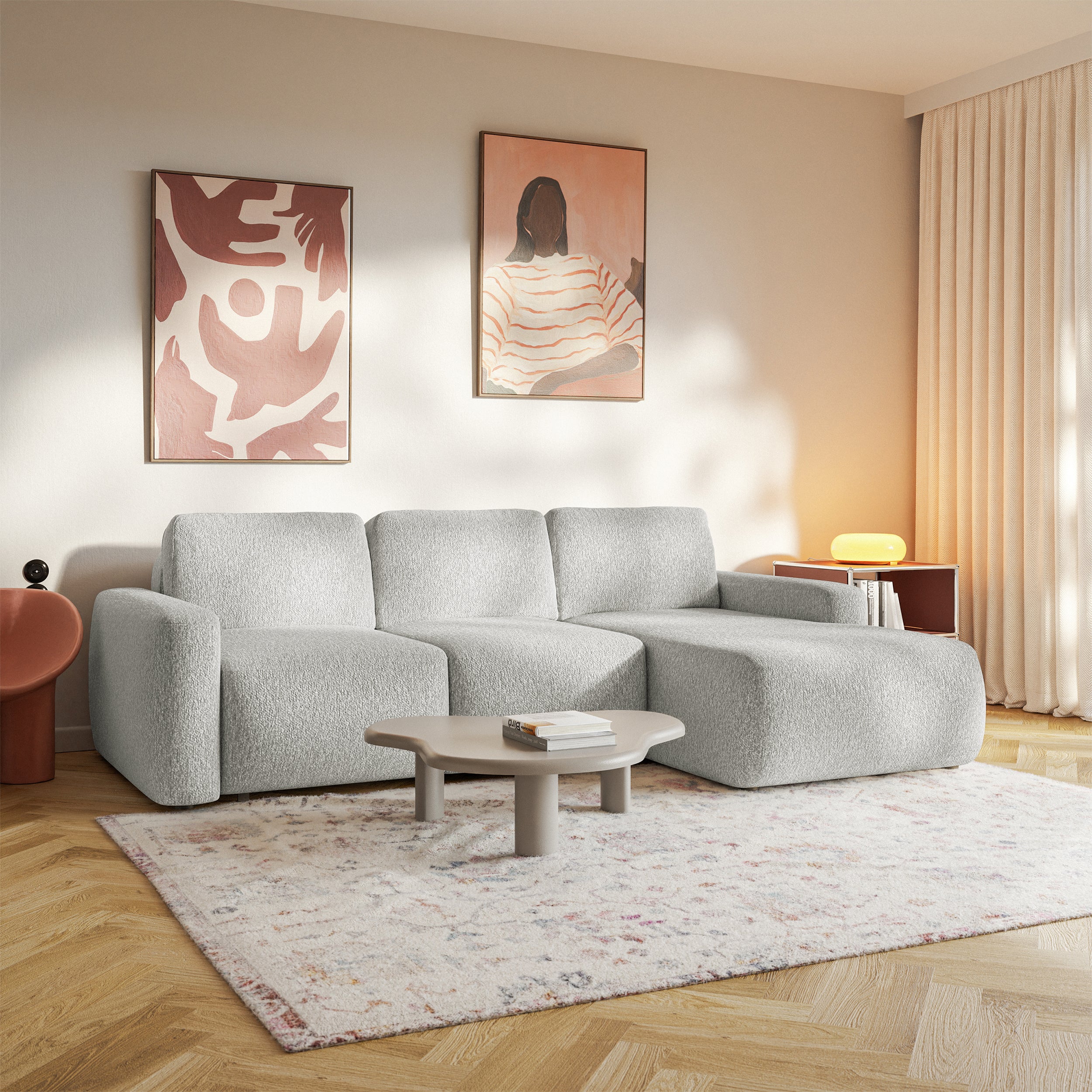 Ecksofa mit Schlafunktion Carnos Mini, L-förmig, rechtsseitig, hellgrauer Chenille-Stoff