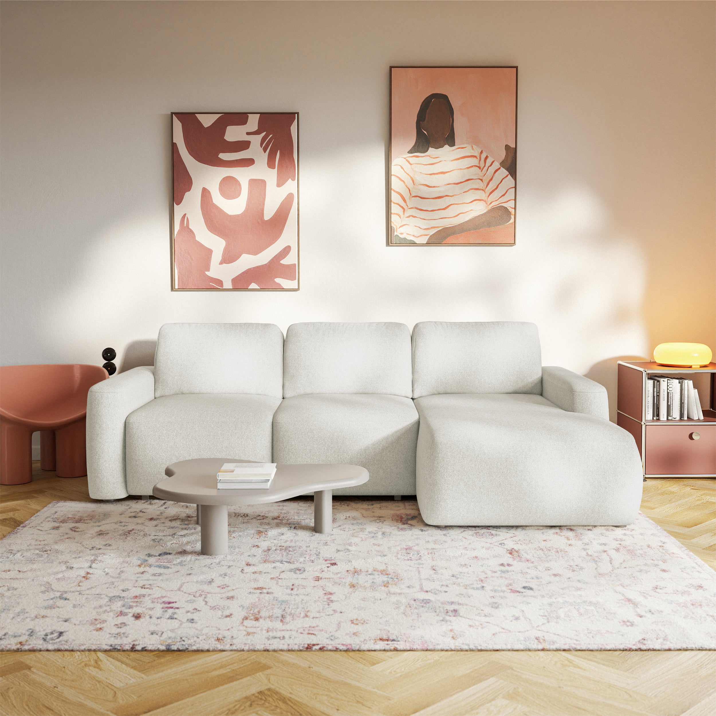 Ecksofa mit Schlaffunktion Carnos Mini, L-förmig, rechtsseitig, cremefarben, pflegeleichter Chenille-Stoff