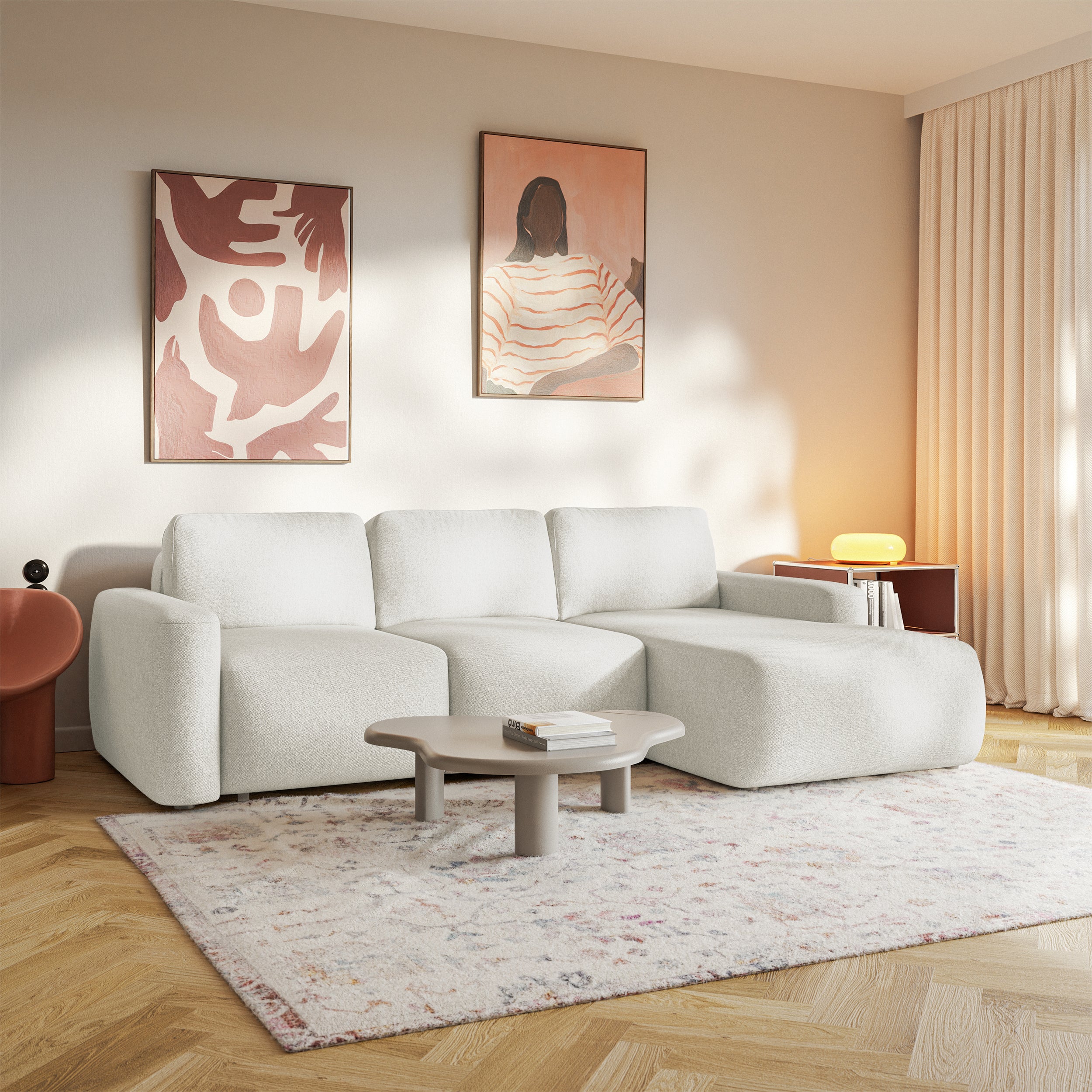 Ecksofa mit Schlaffunktion Carnos Mini, L-förmig, rechtsseitig, cremefarben, pflegeleichter Chenille-Stoff