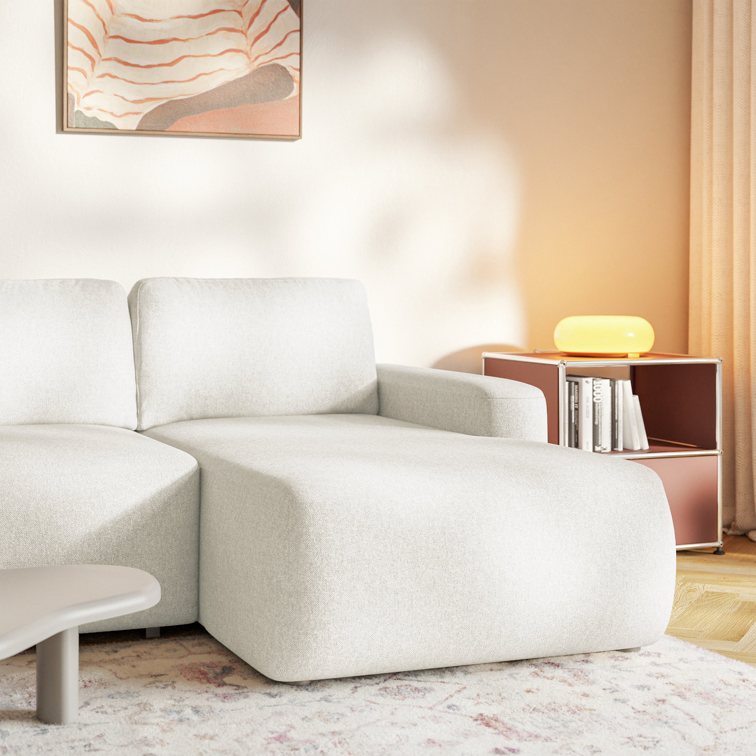 Ecksofa mit Schlaffunktion Carnos Mini, L-förmig, rechtsseitig, cremefarben, pflegeleichter Chenille-Stoff