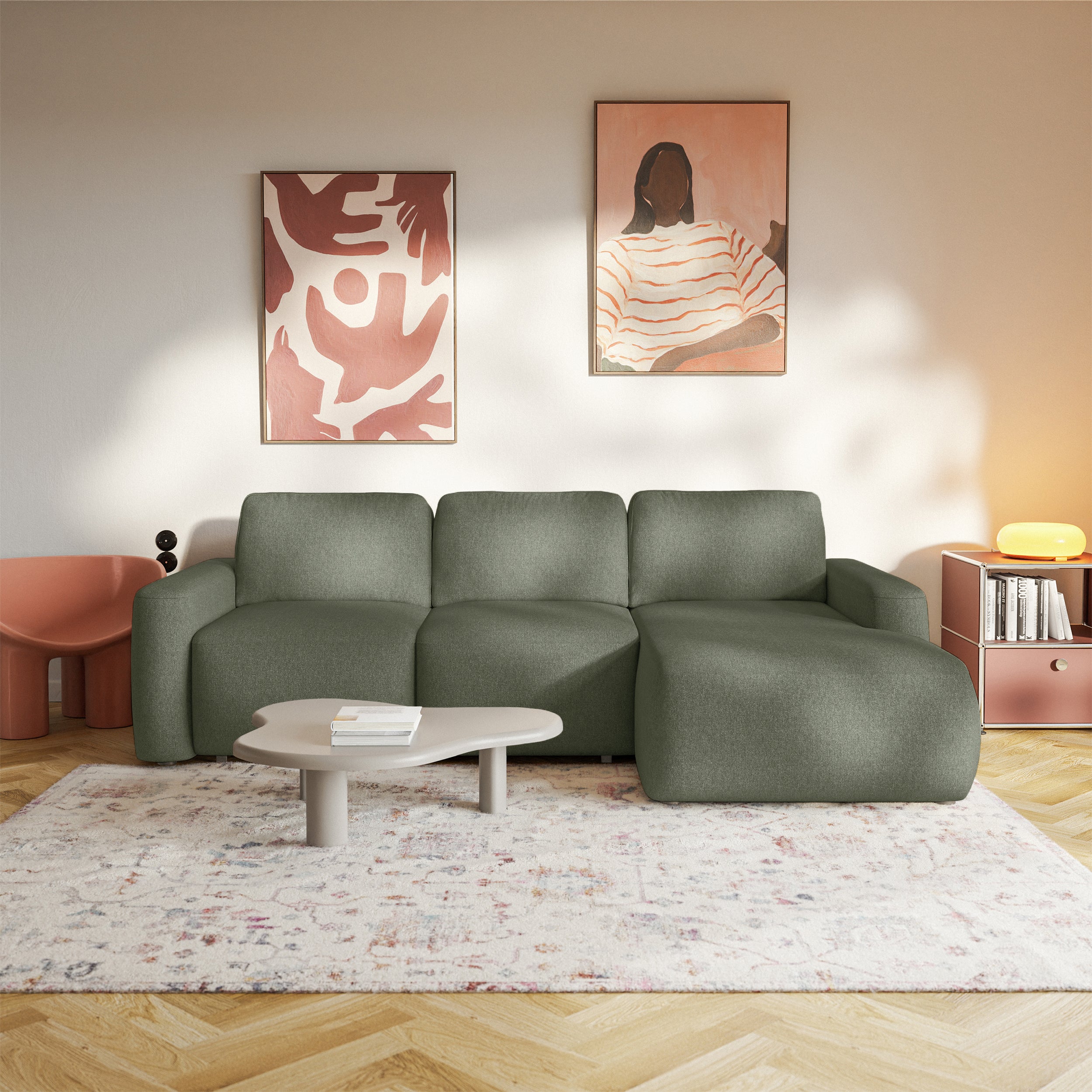 Ecksofa mit Schlaffunktion Carnos Mini, L-förmig, rechtsseitig, olivgrüner Chenille-Stoff, pflegeleicht