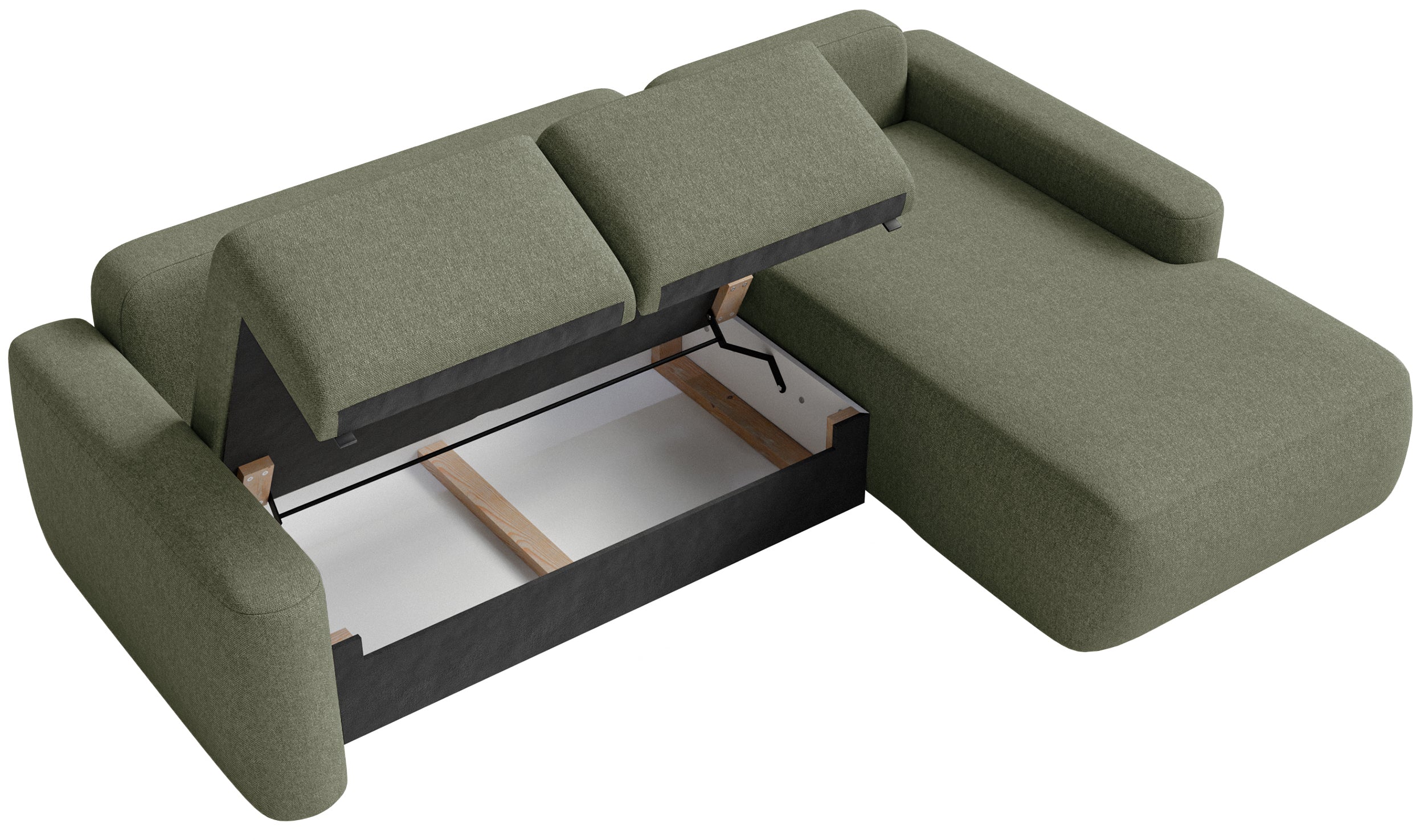 Ecksofa mit Schlaffunktion Carnos Mini, L-förmig, rechtsseitig, olivgrüner Chenille-Stoff, pflegeleicht