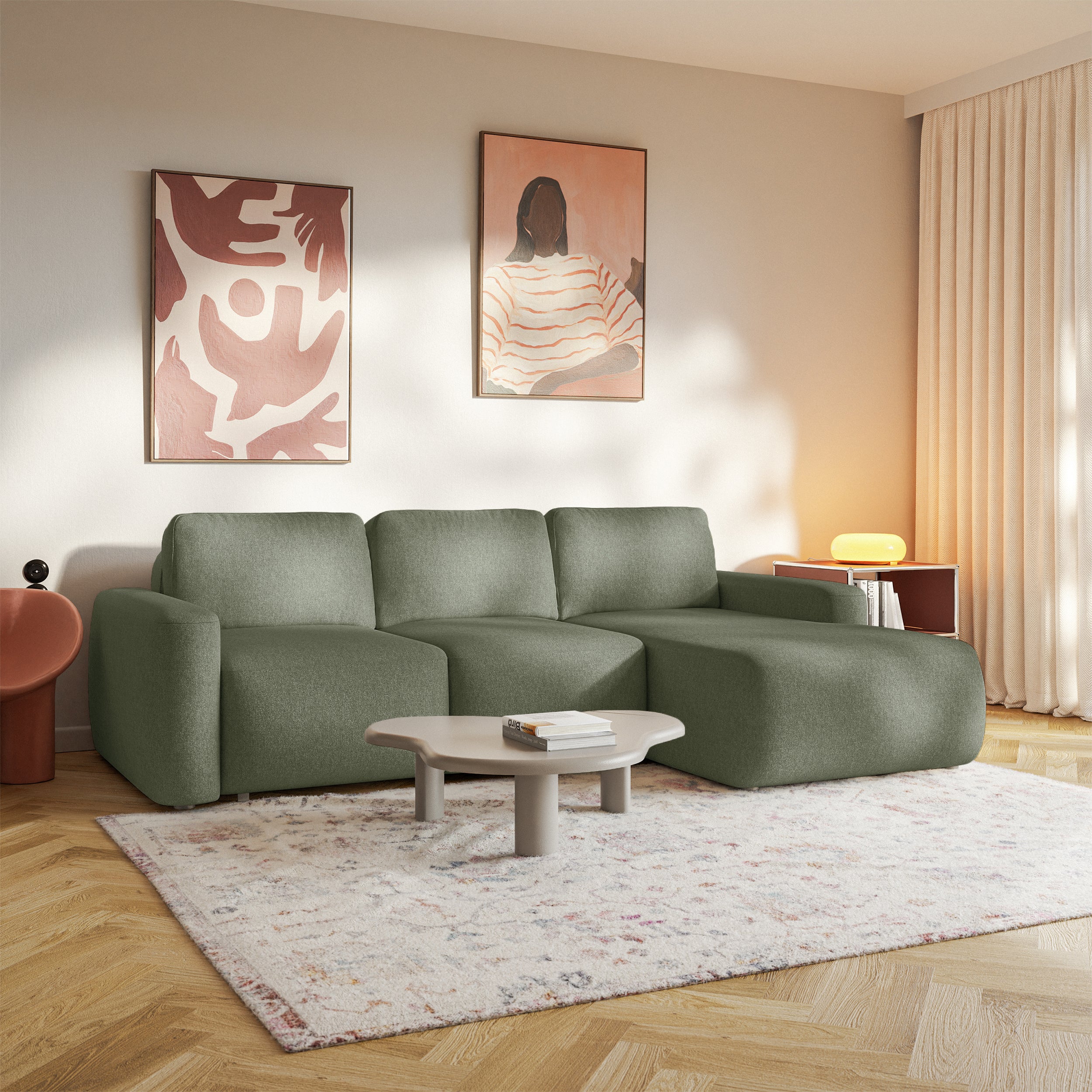 Ecksofa mit Schlaffunktion Carnos Mini, L-förmig, rechtsseitig, olivgrüner Chenille-Stoff, pflegeleicht