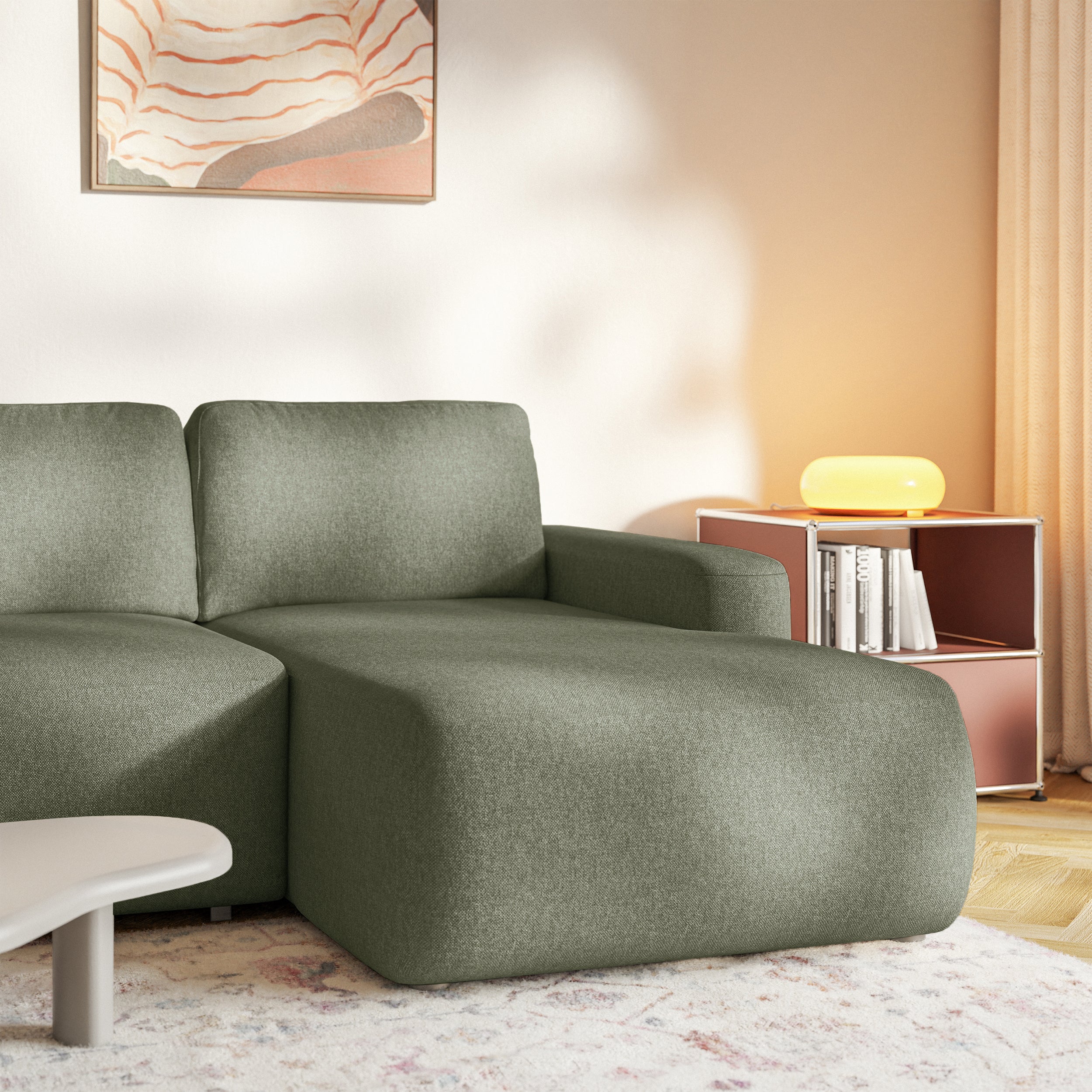 Ecksofa mit Schlaffunktion Carnos Mini, L-förmig, rechtsseitig, olivgrüner Chenille-Stoff, pflegeleicht
