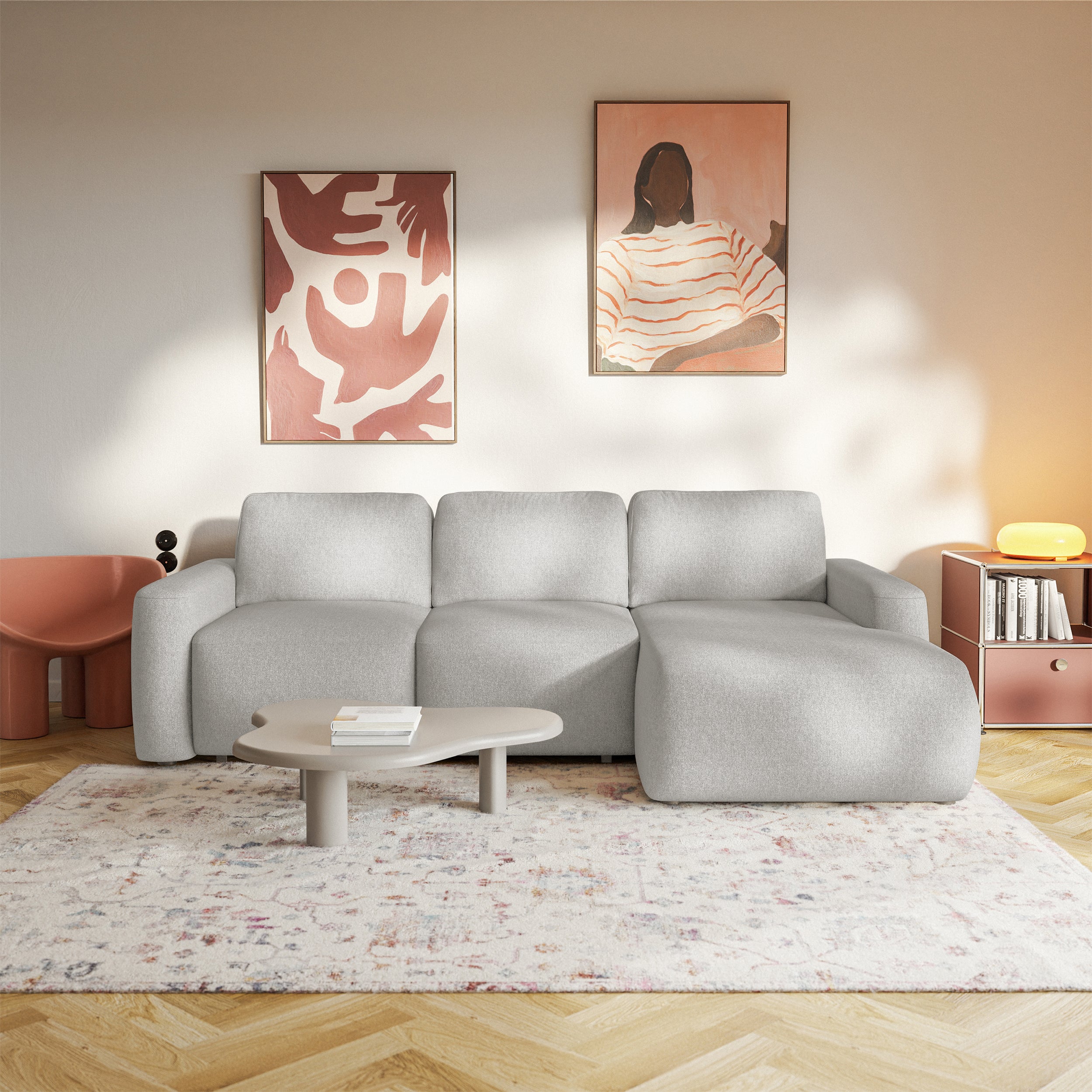 Ecksofa mit Schlaffunktion Carnos Mini, L-förmig, rechtsseitig, grau-beige, pflegeleichter Chenille-Stoff