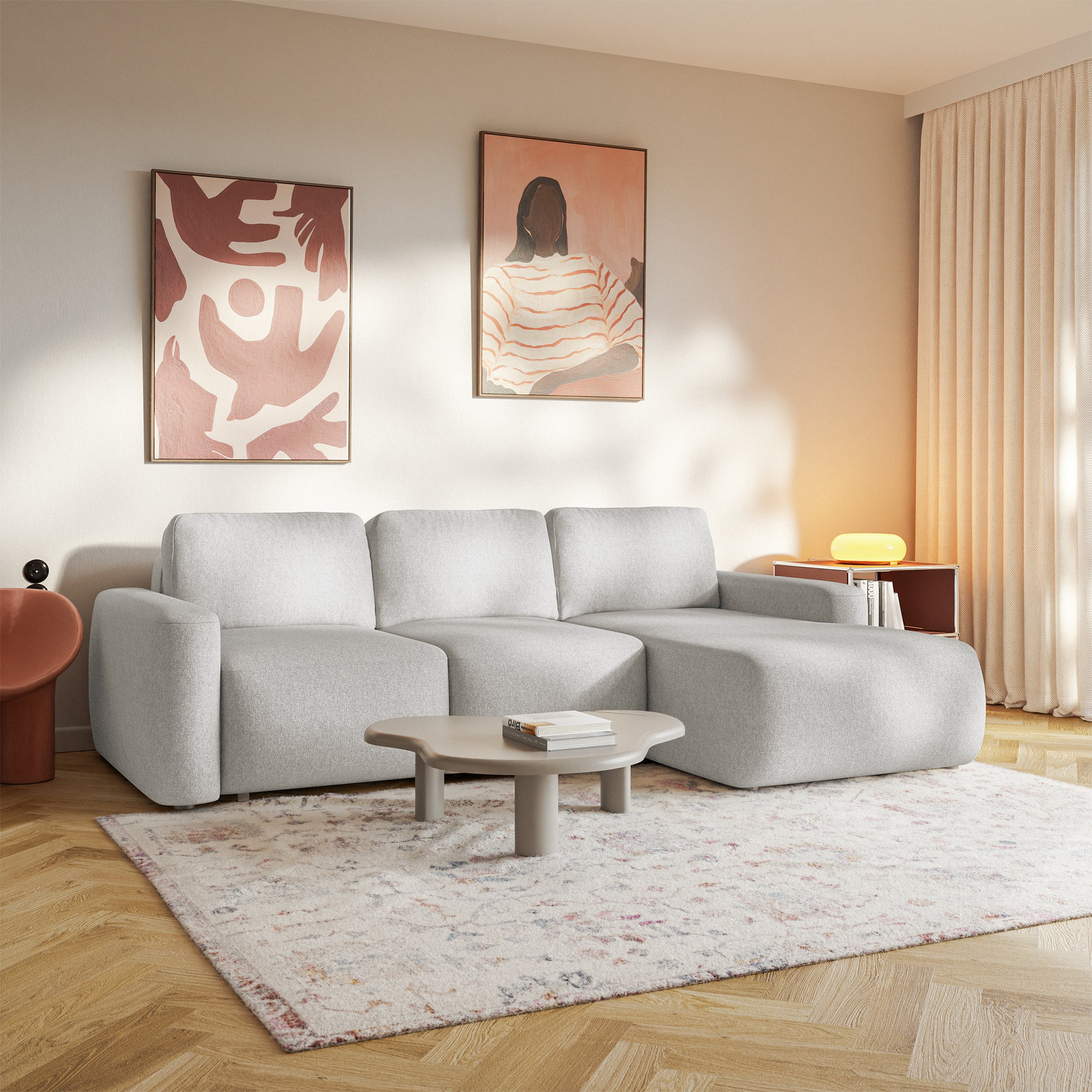 Ecksofa mit Schlaffunktion Carnos Mini, L-förmig, rechtsseitig, grau-beige, pflegeleichter Chenille-Stoff