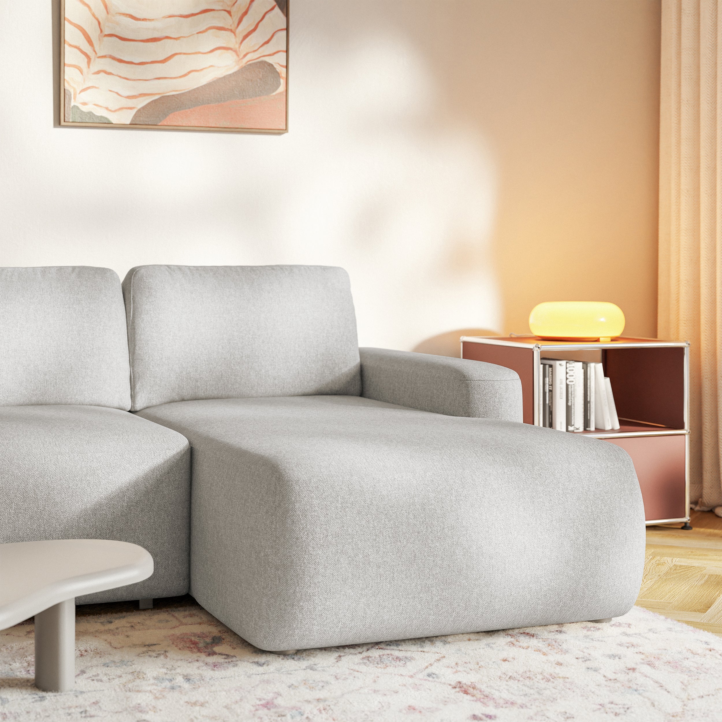 Ecksofa mit Schlaffunktion Carnos Mini, L-förmig, rechtsseitig, grau-beige, pflegeleichter Chenille-Stoff
