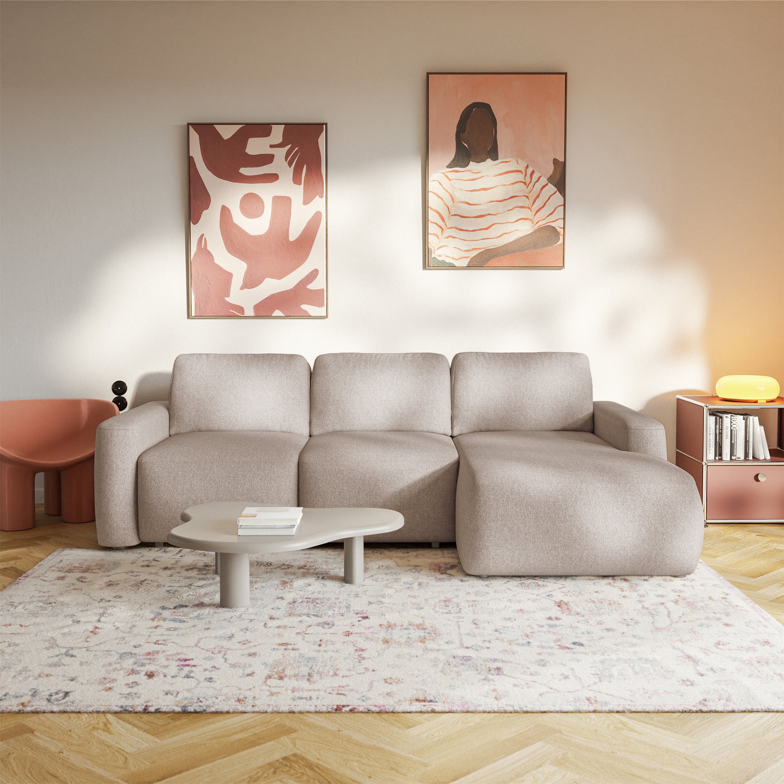 Ecksofa mit Schlaffunktion Carnos Mini, L-Form, rechtsseitig, beige, leicht zu reinigender Chenille-Stoff