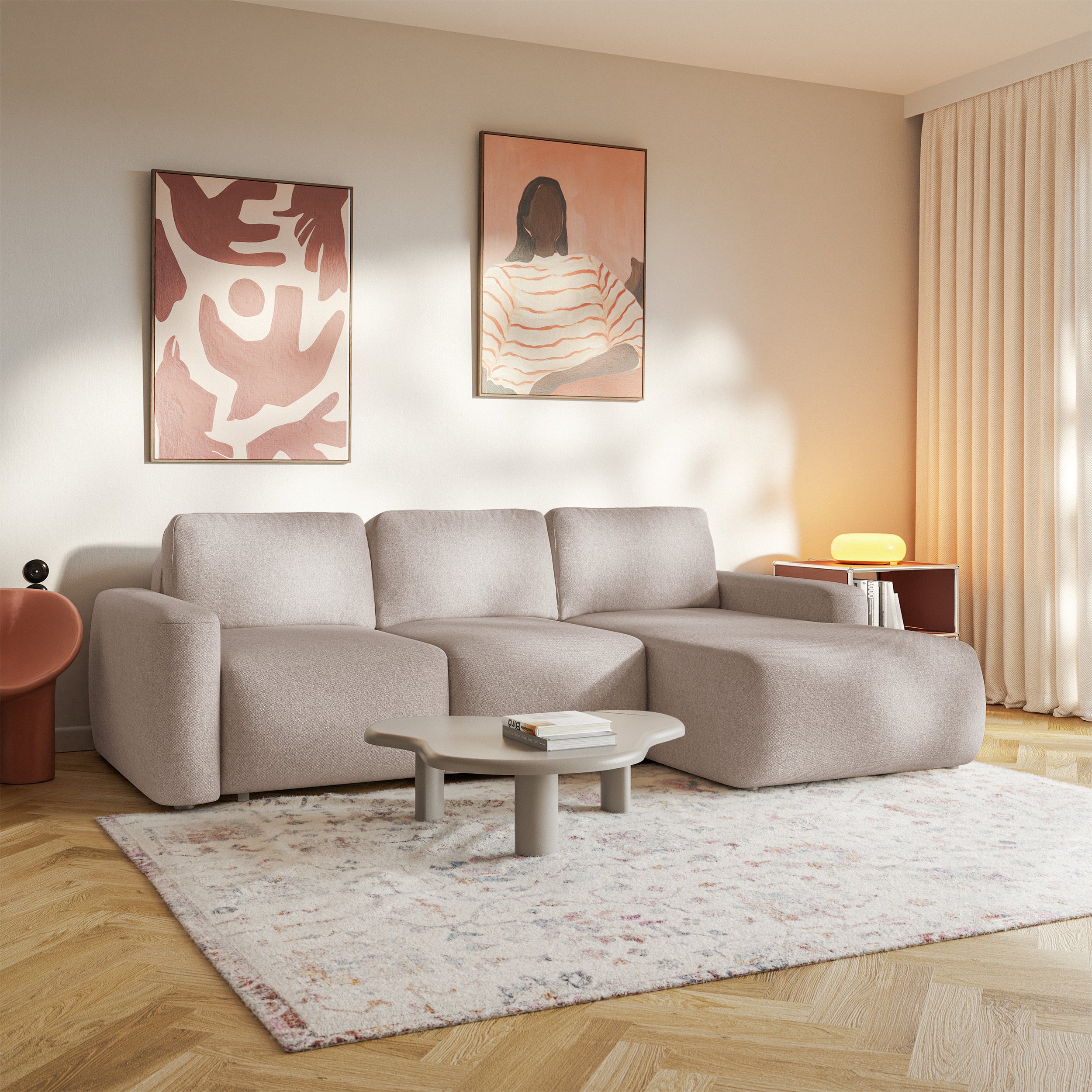 Ecksofa mit Schlaffunktion Carnos Mini, L-Form, rechtsseitig, beige, leicht zu reinigender Chenille-Stoff
