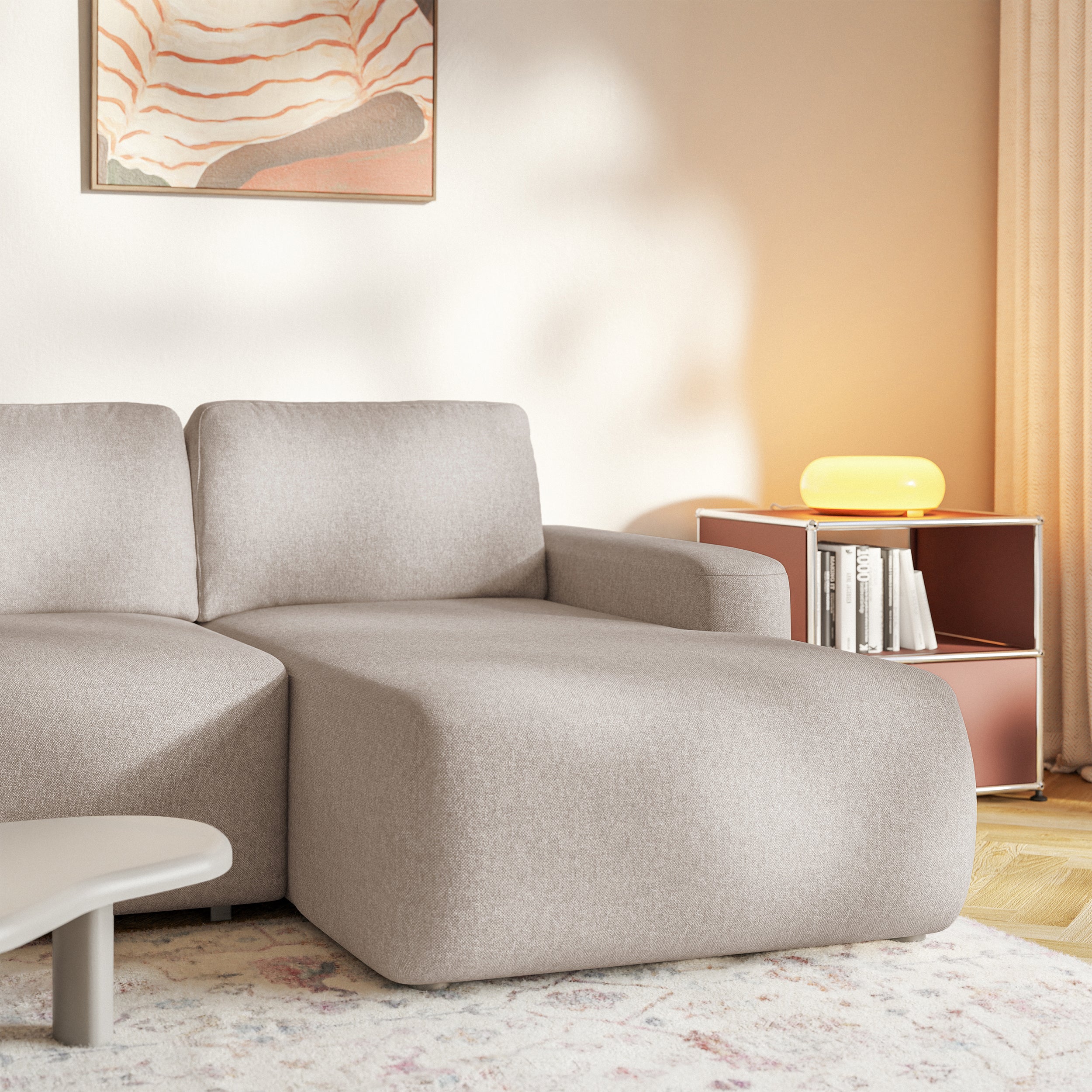 Ecksofa mit Schlaffunktion Carnos Mini, L-Form, rechtsseitig, beige, leicht zu reinigender Chenille-Stoff