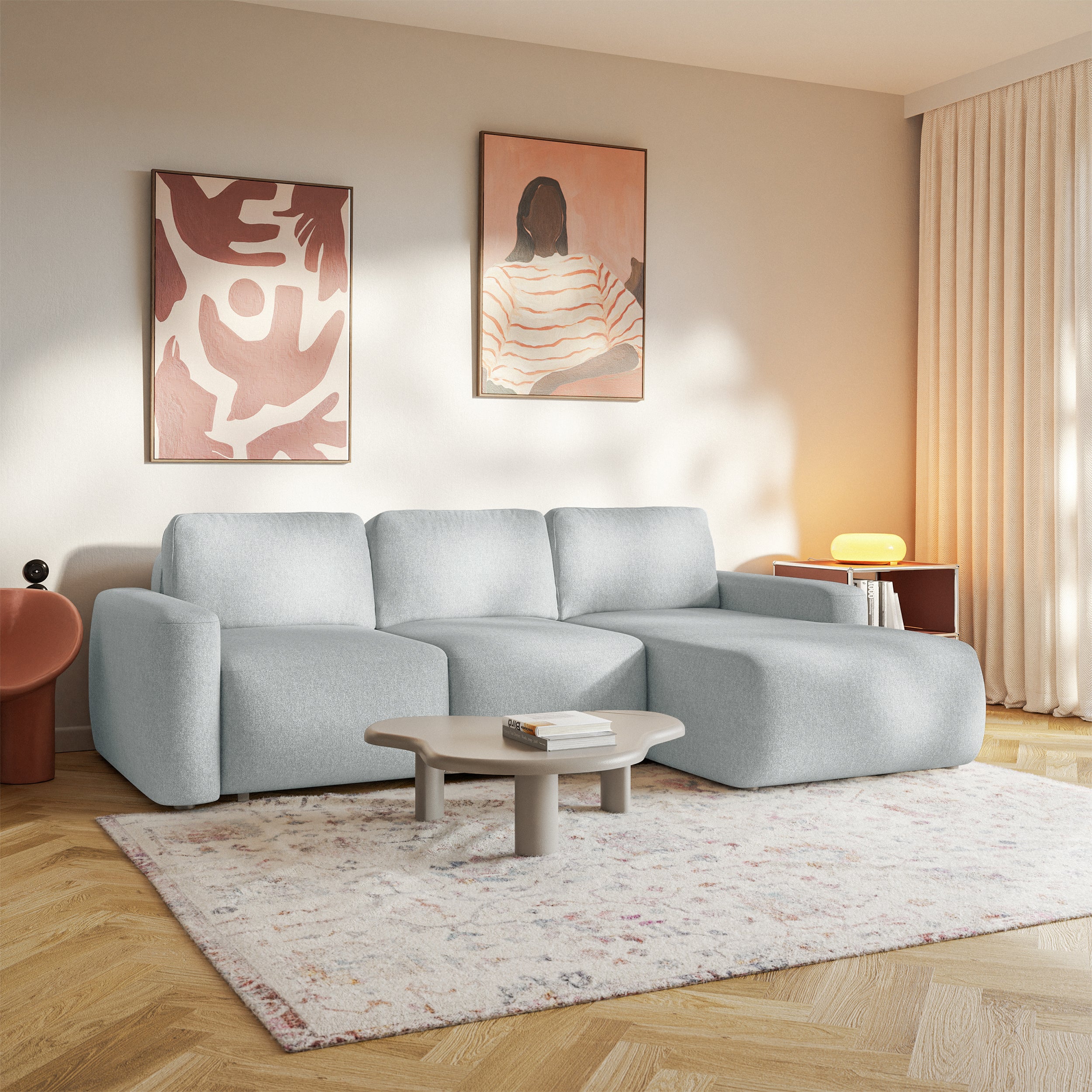 Ecksofa mit Schlaffunktion Carnos Mini, L-förmig, rechtsseitig, grau, pflegeleichter Chenille-Stoff