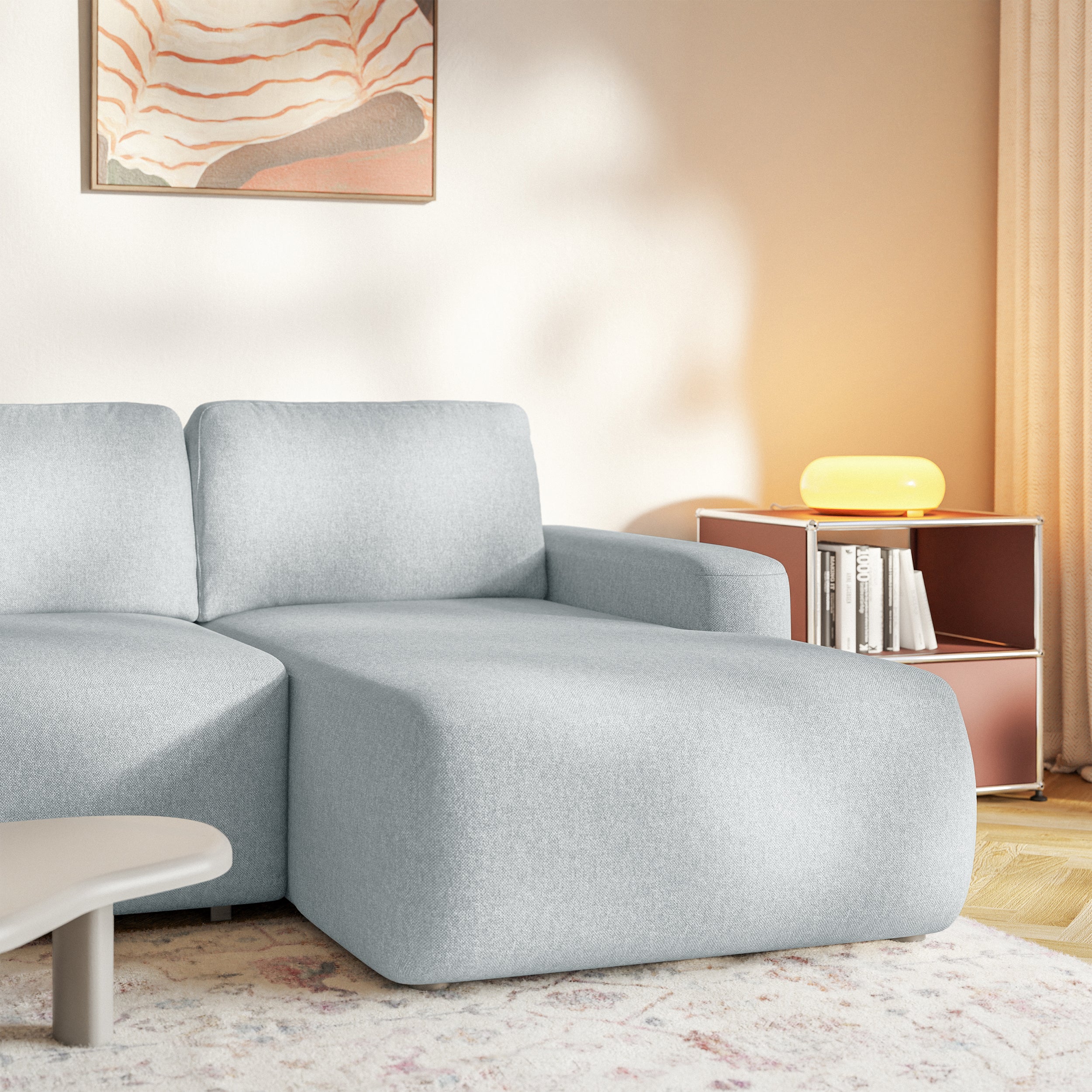 Ecksofa mit Schlaffunktion Carnos Mini, L-förmig, rechtsseitig, grau, pflegeleichter Chenille-Stoff