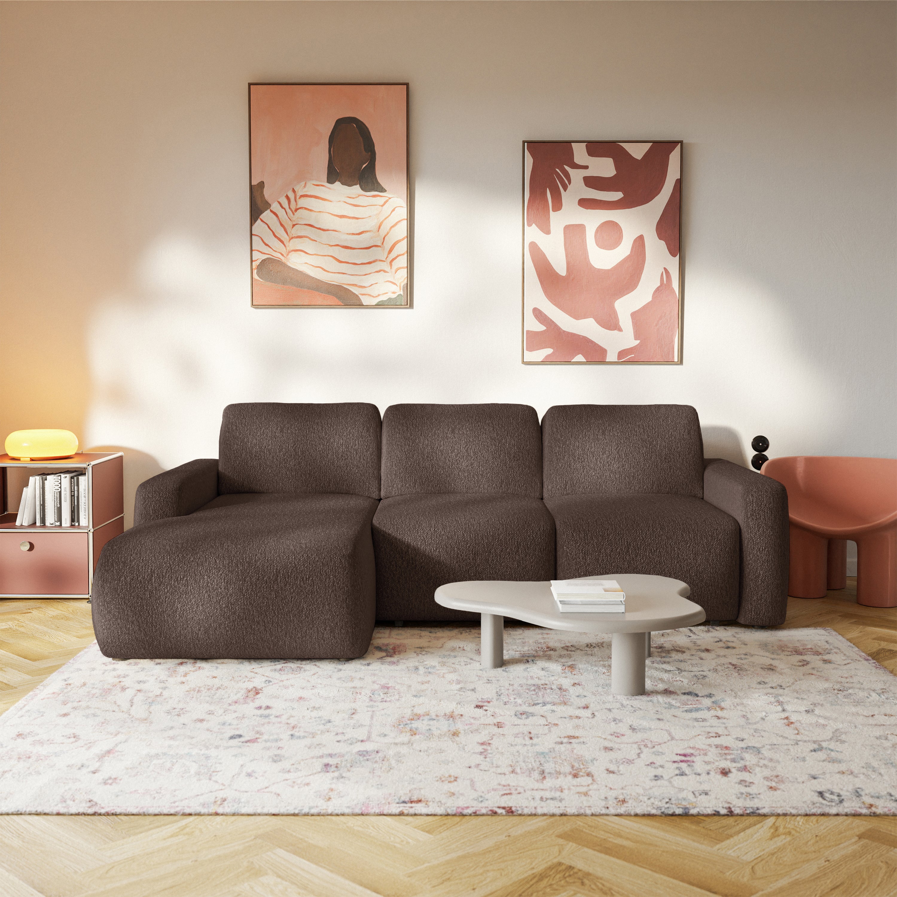 Ecksofa mit Schlafunktion Carnos Mini, L-förmig, linksseitig, braunes Chenille