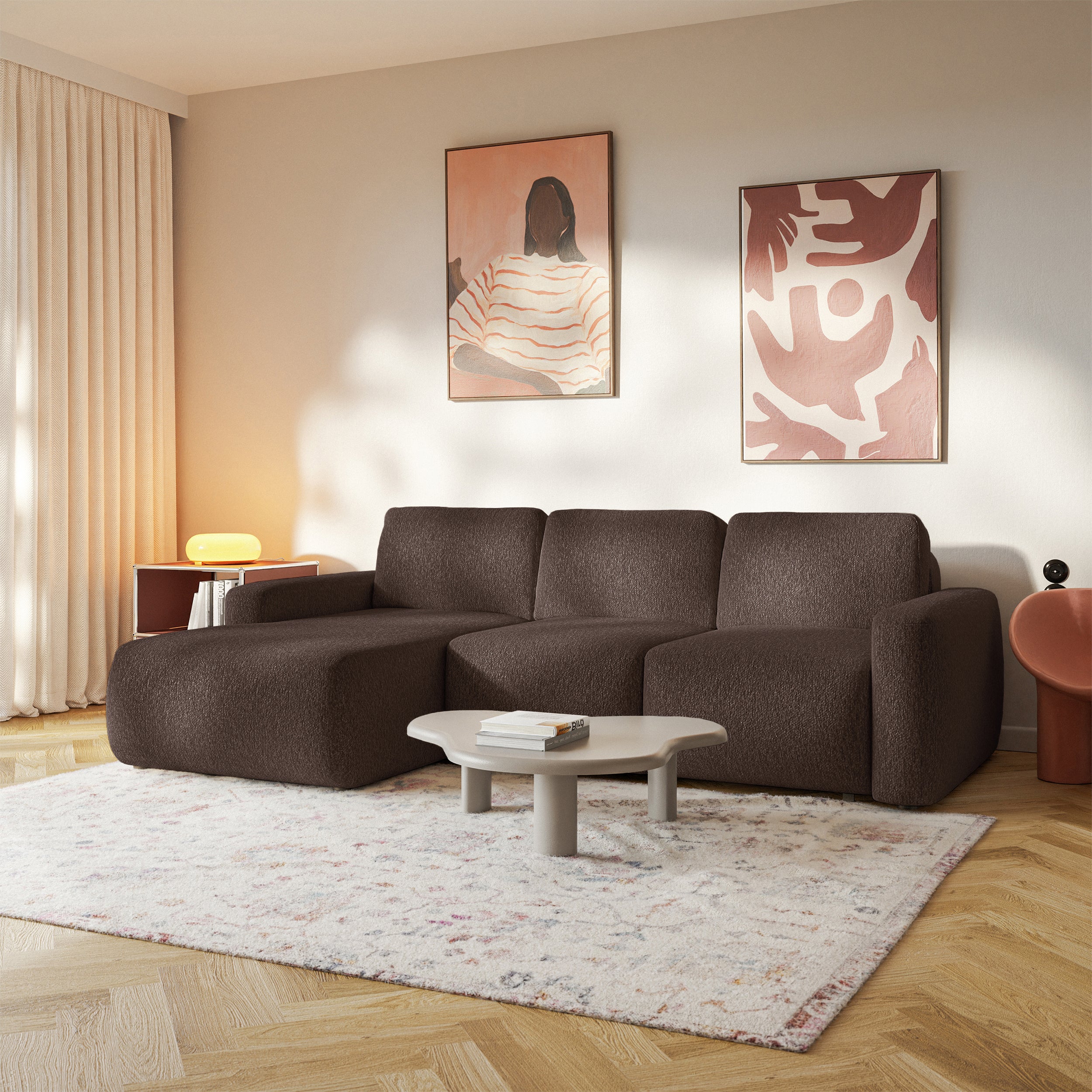 Ecksofa mit Schlafunktion Carnos Mini, L-förmig, linksseitig, braunes Chenille