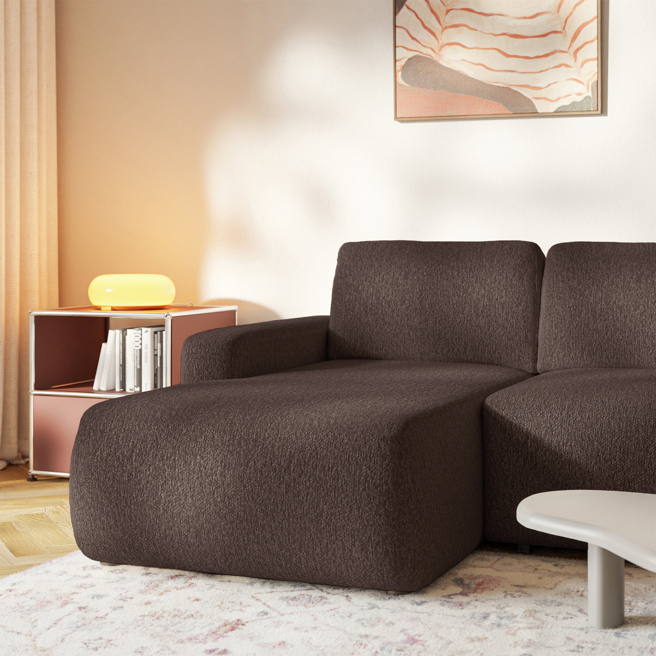 Ecksofa mit Schlafunktion Carnos Mini, L-förmig, linksseitig, braunes Chenille