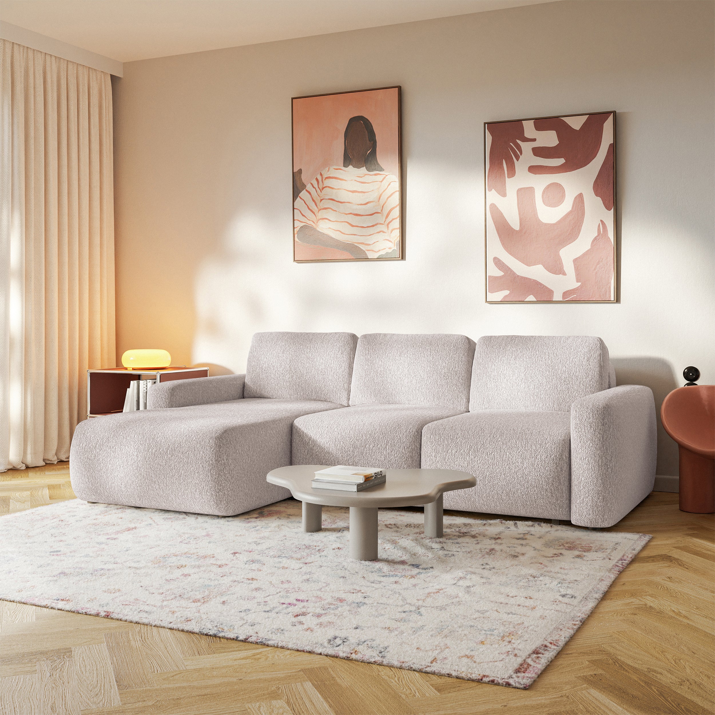 Ecksofa mit Schlaffunktion Carnos Mini, L-förmig, linksseitig, beige Chenille