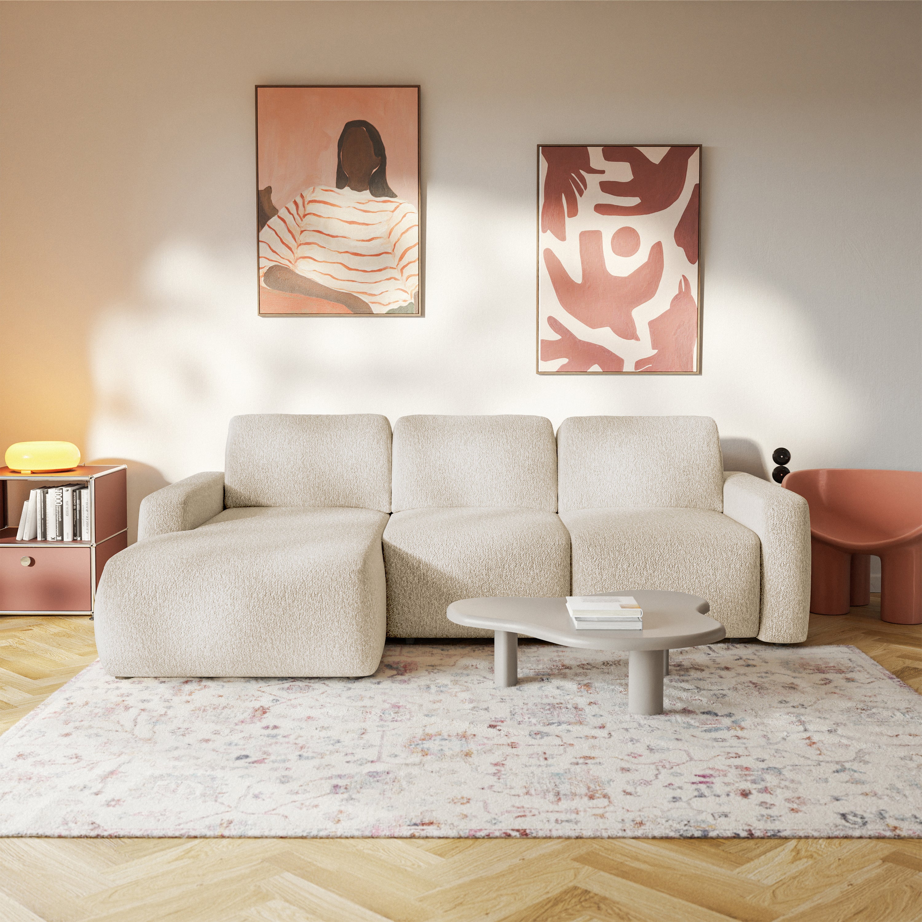 Ecksofa mit Schlaffunktion Carnos Mini, L-förmig, linksseitig, hellbeige Chenille