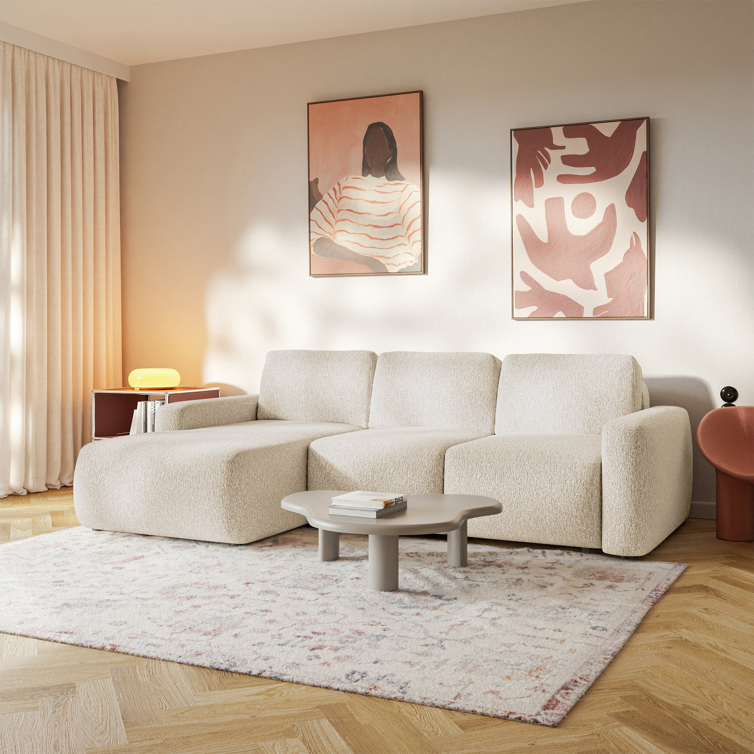 Ecksofa mit Schlaffunktion Carnos Mini, L-förmig, linksseitig, hellbeige Chenille
