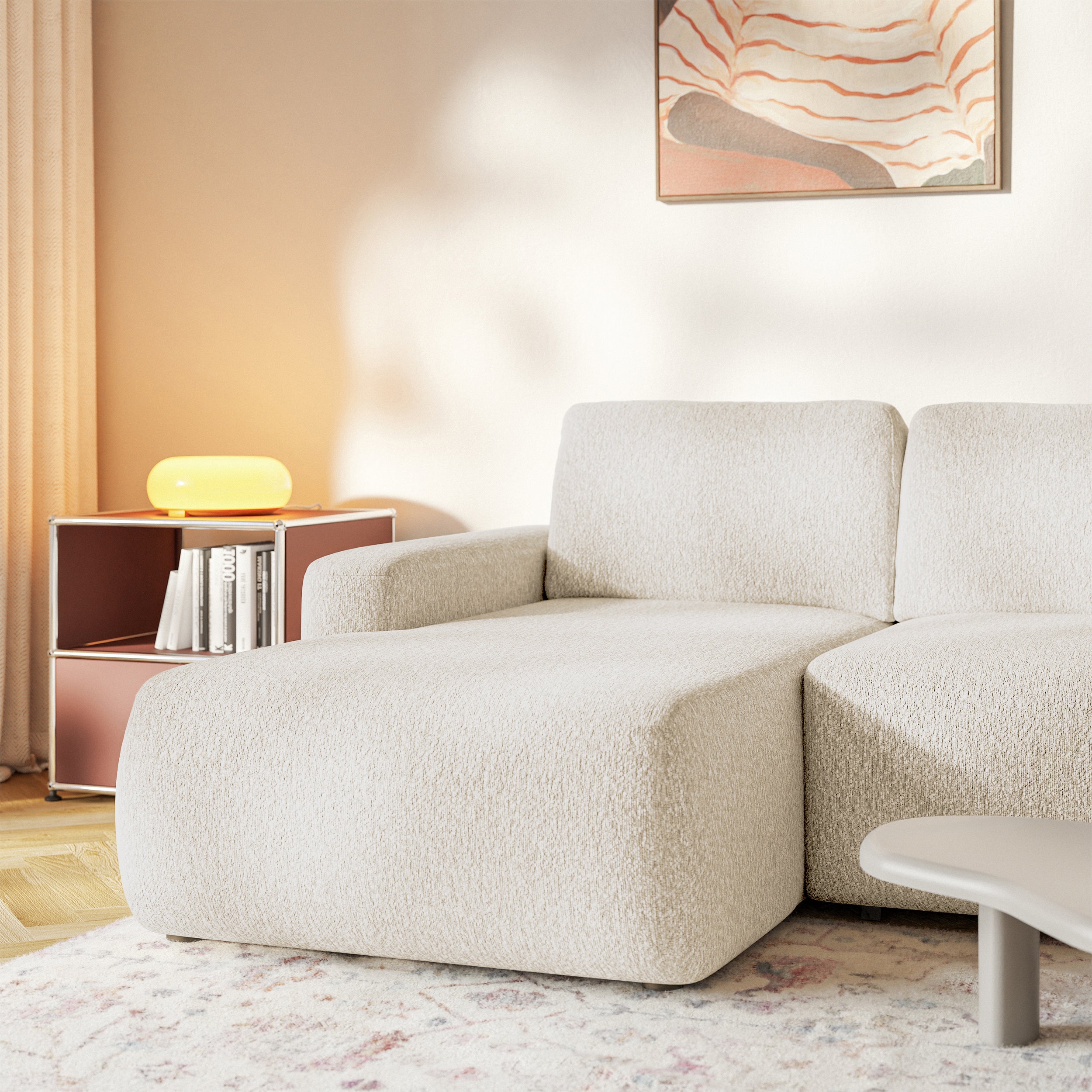 Ecksofa mit Schlaffunktion Carnos Mini, L-förmig, linksseitig, hellbeige Chenille