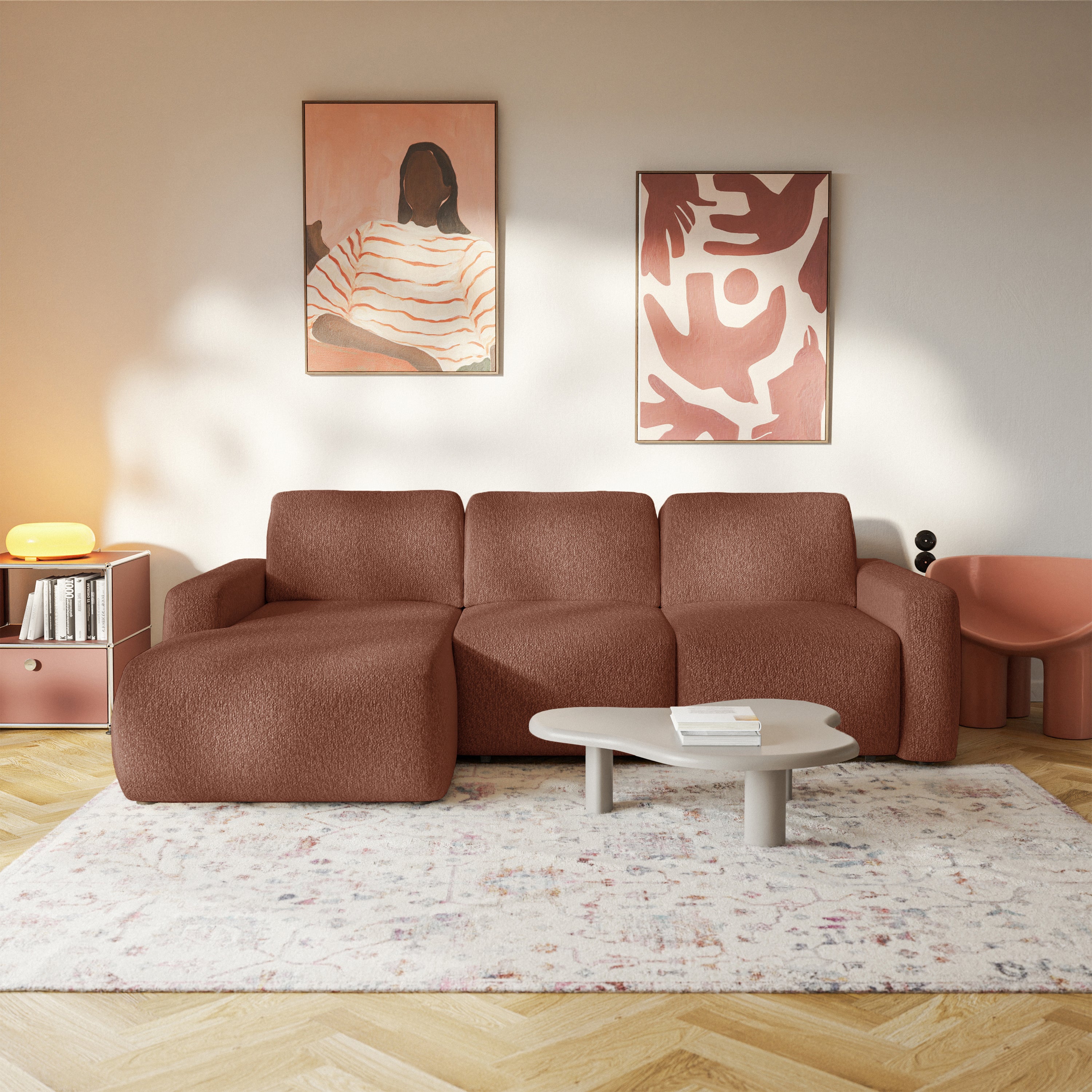 Ecksofa mit Schlaffunktion Carnos Mini, L-förmig, linksseitig, kupferfarbenes Chenille