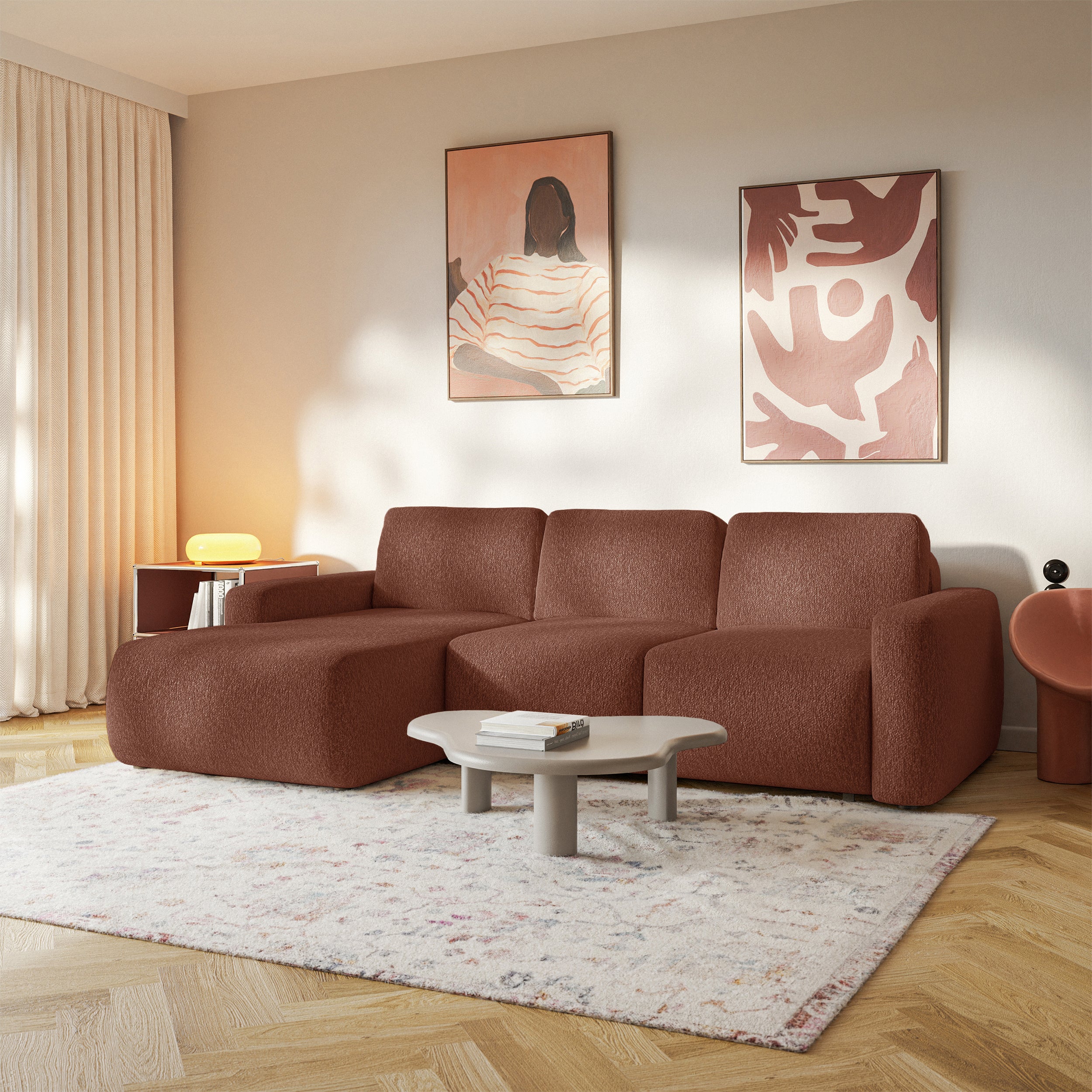 Ecksofa mit Schlaffunktion Carnos Mini, L-förmig, linksseitig, kupferfarbenes Chenille
