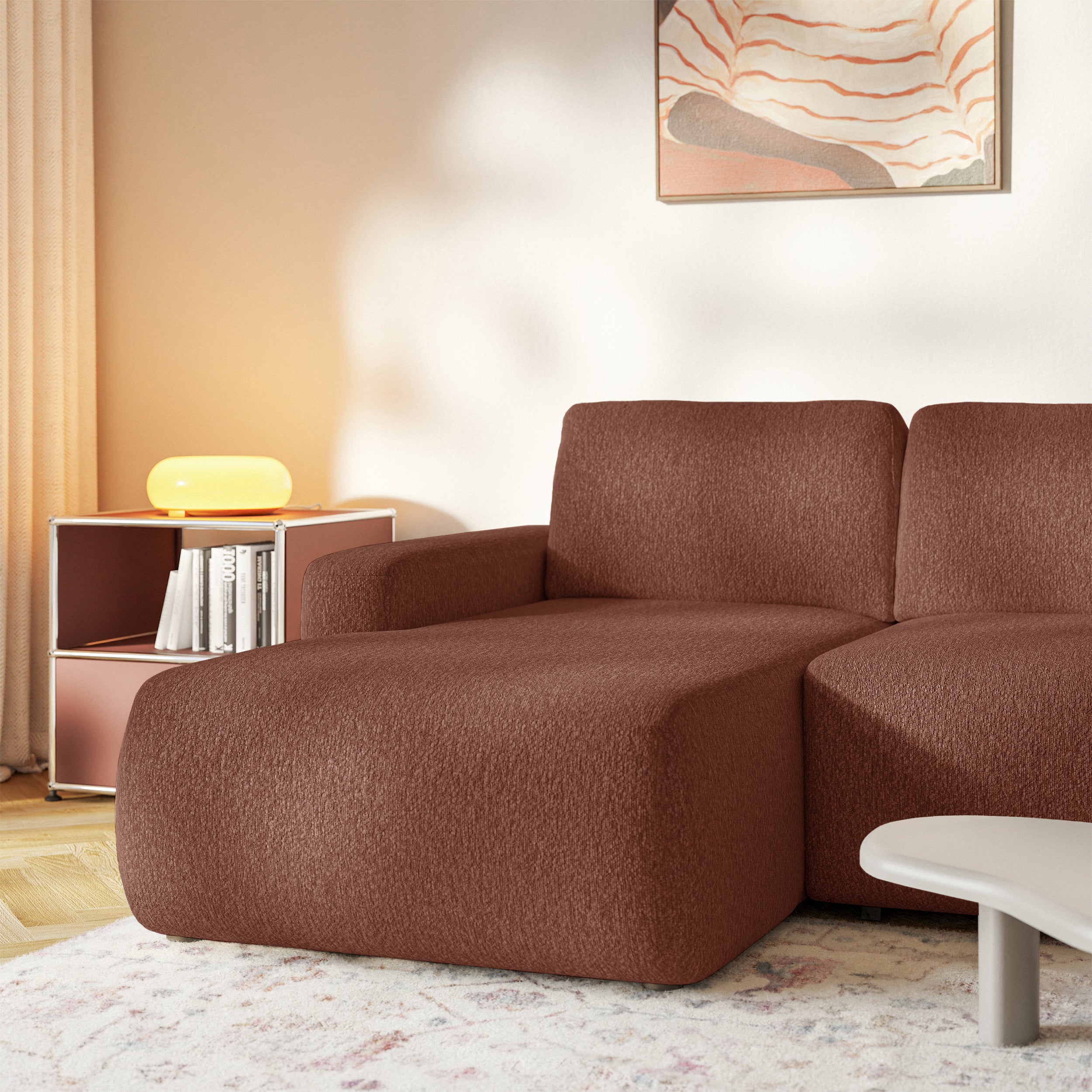 Ecksofa mit Schlaffunktion Carnos Mini, L-förmig, linksseitig, kupferfarbenes Chenille