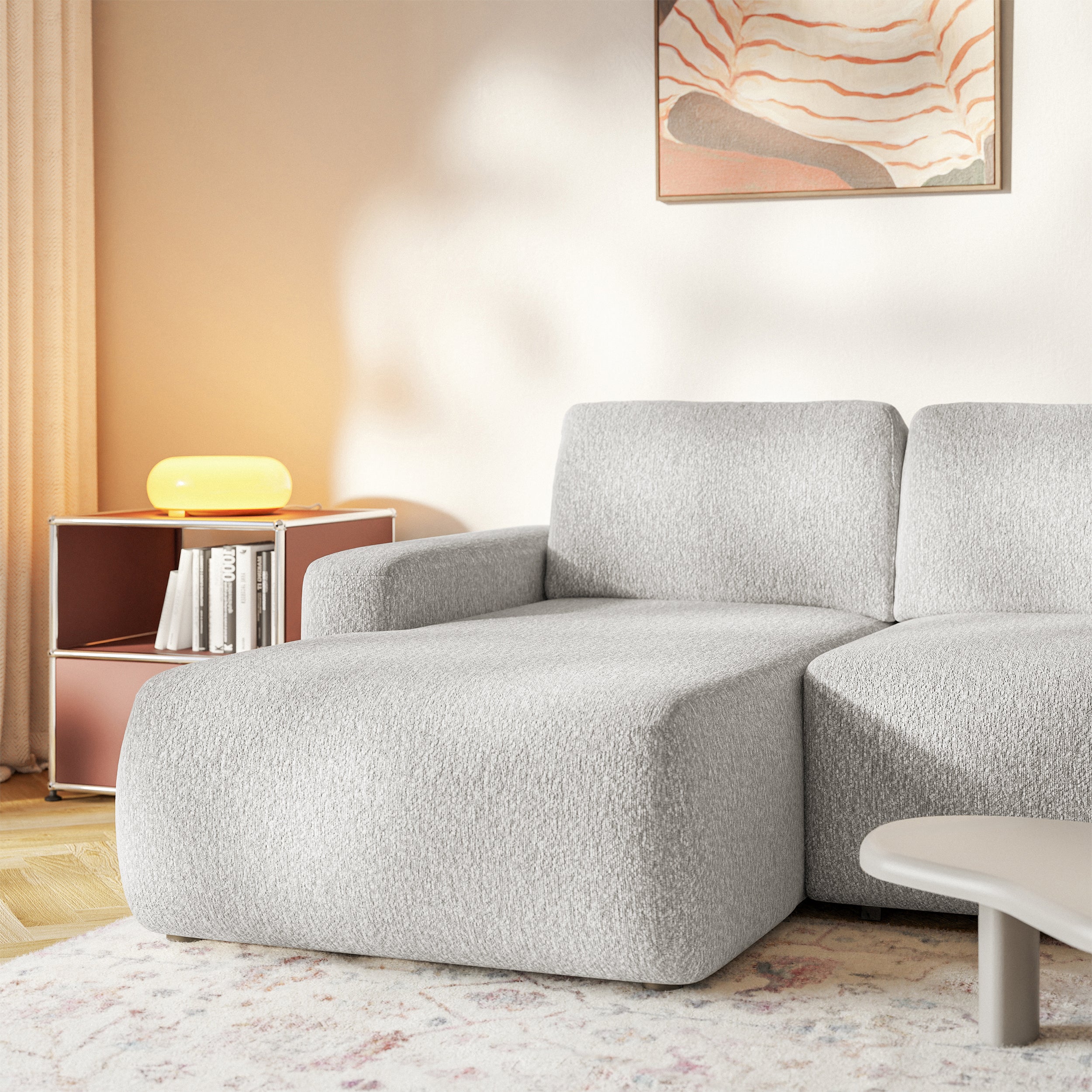 Ecksofa mit Schlaffunktion Carnos Mini, L-förmig, linksseitig, hellgrauer Chenille-Stoff