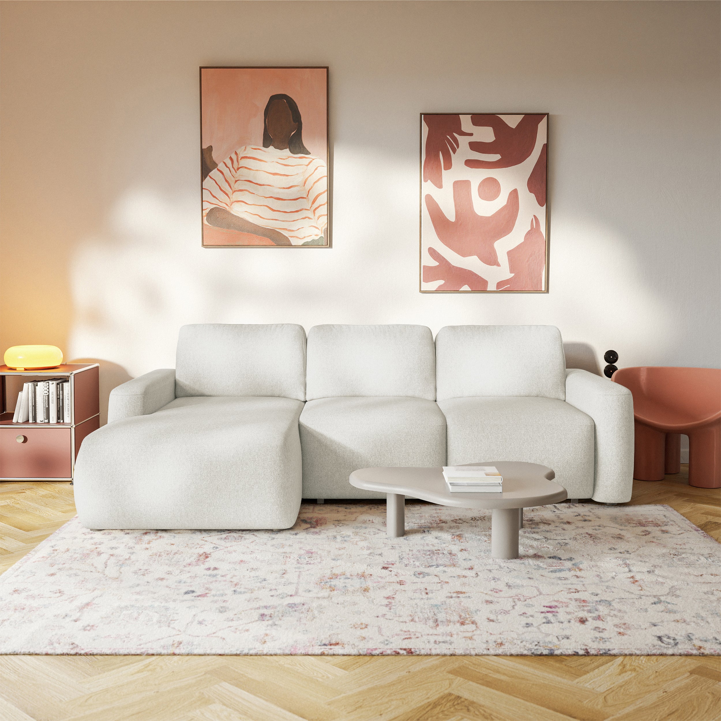 Ecksofa mit Schlafunktion Carnos Mini, L-förmig, linksseitig, cremefarben, pflegeleichter Chenillestoff