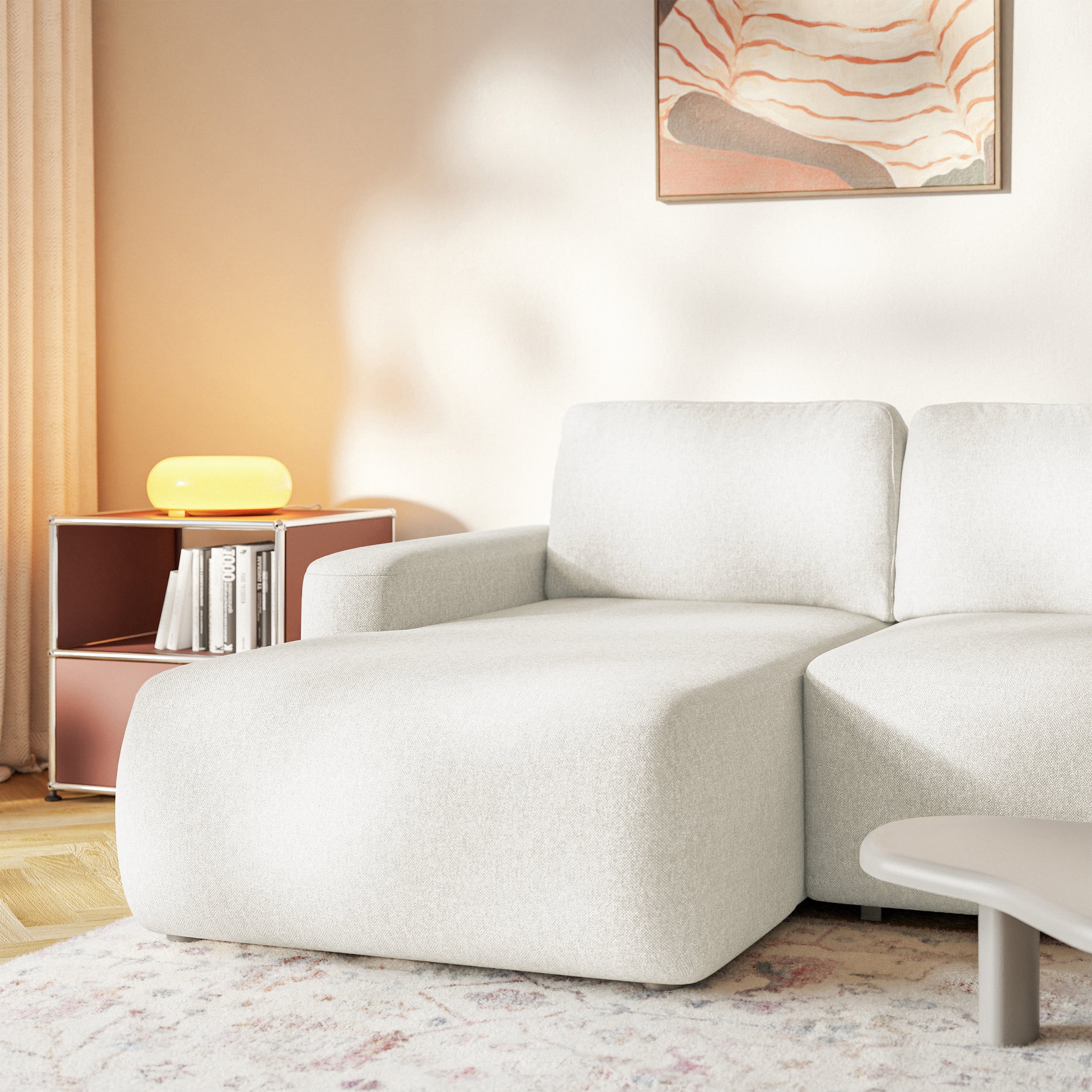Ecksofa mit Schlafunktion Carnos Mini, L-förmig, linksseitig, cremefarben, pflegeleichter Chenillestoff