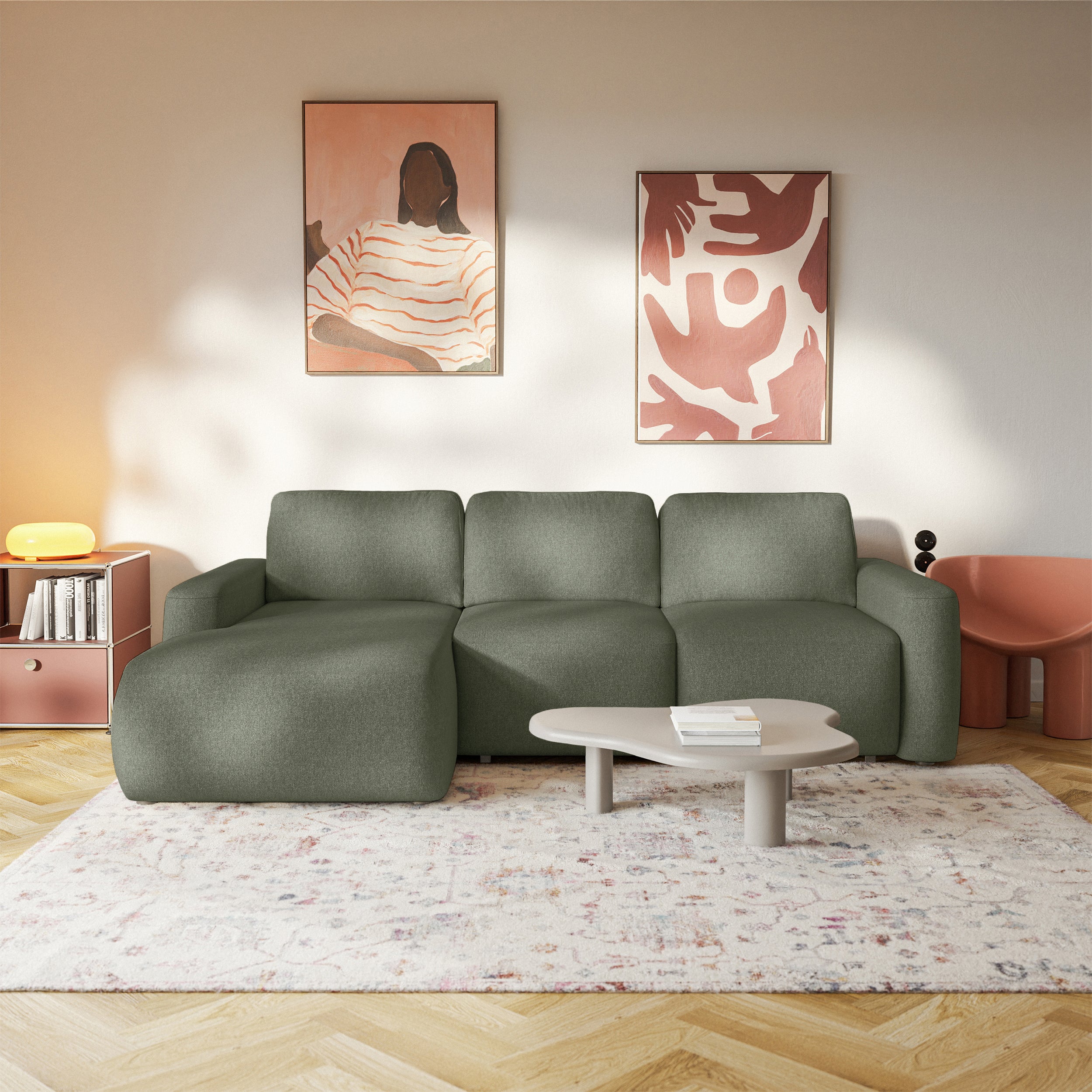 Ecksofa mit Schlaffunktion Carnos Mini, L-förmig, linksseitig, olivgrüner Chenille, leicht zu reinigen