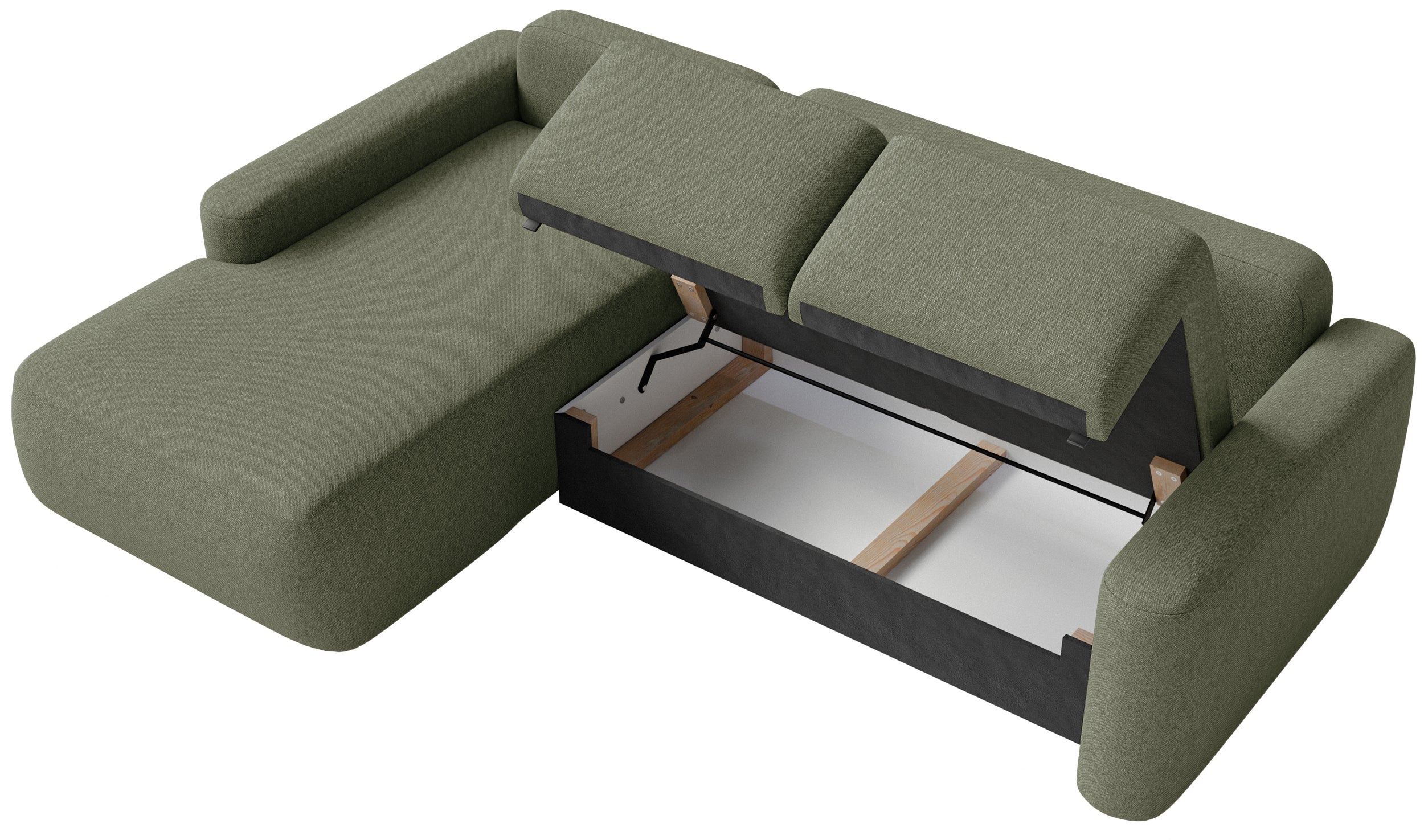 Ecksofa mit Schlaffunktion Carnos Mini, L-förmig, linksseitig, olivgrüner Chenille, leicht zu reinigen