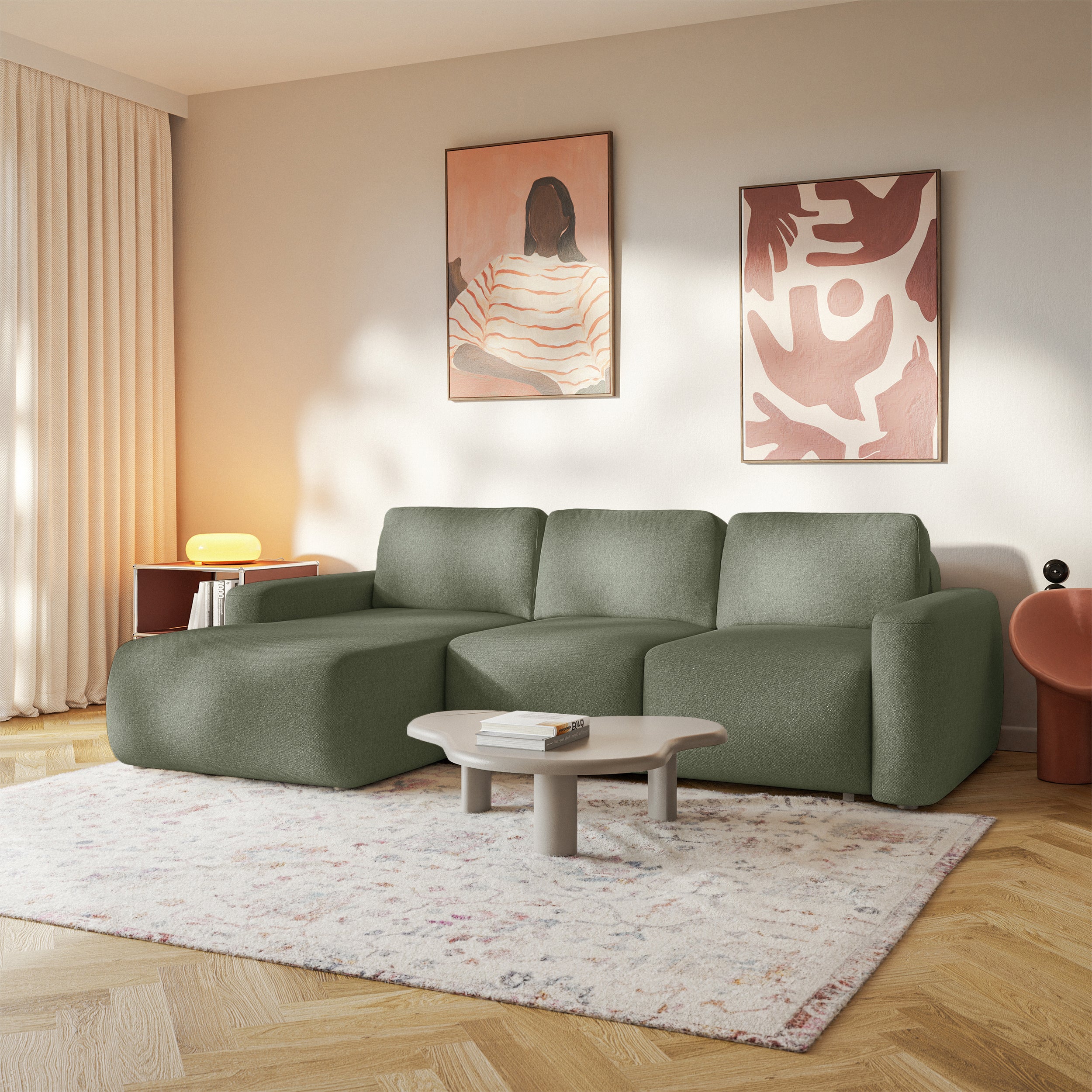 Ecksofa mit Schlaffunktion Carnos Mini, L-förmig, linksseitig, olivgrüner Chenille, leicht zu reinigen