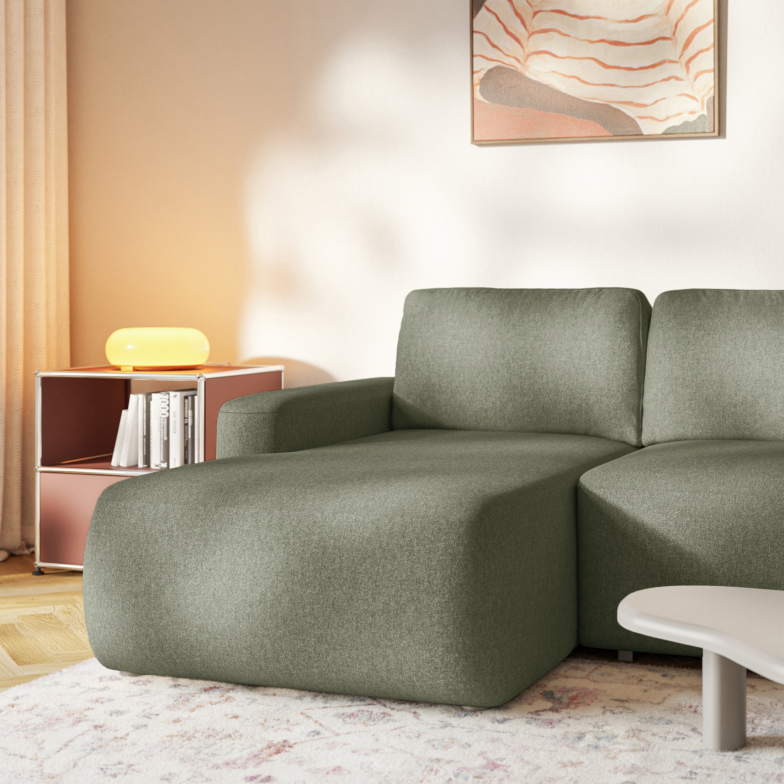 Ecksofa mit Schlaffunktion Carnos Mini, L-förmig, linksseitig, olivgrüner Chenille, leicht zu reinigen