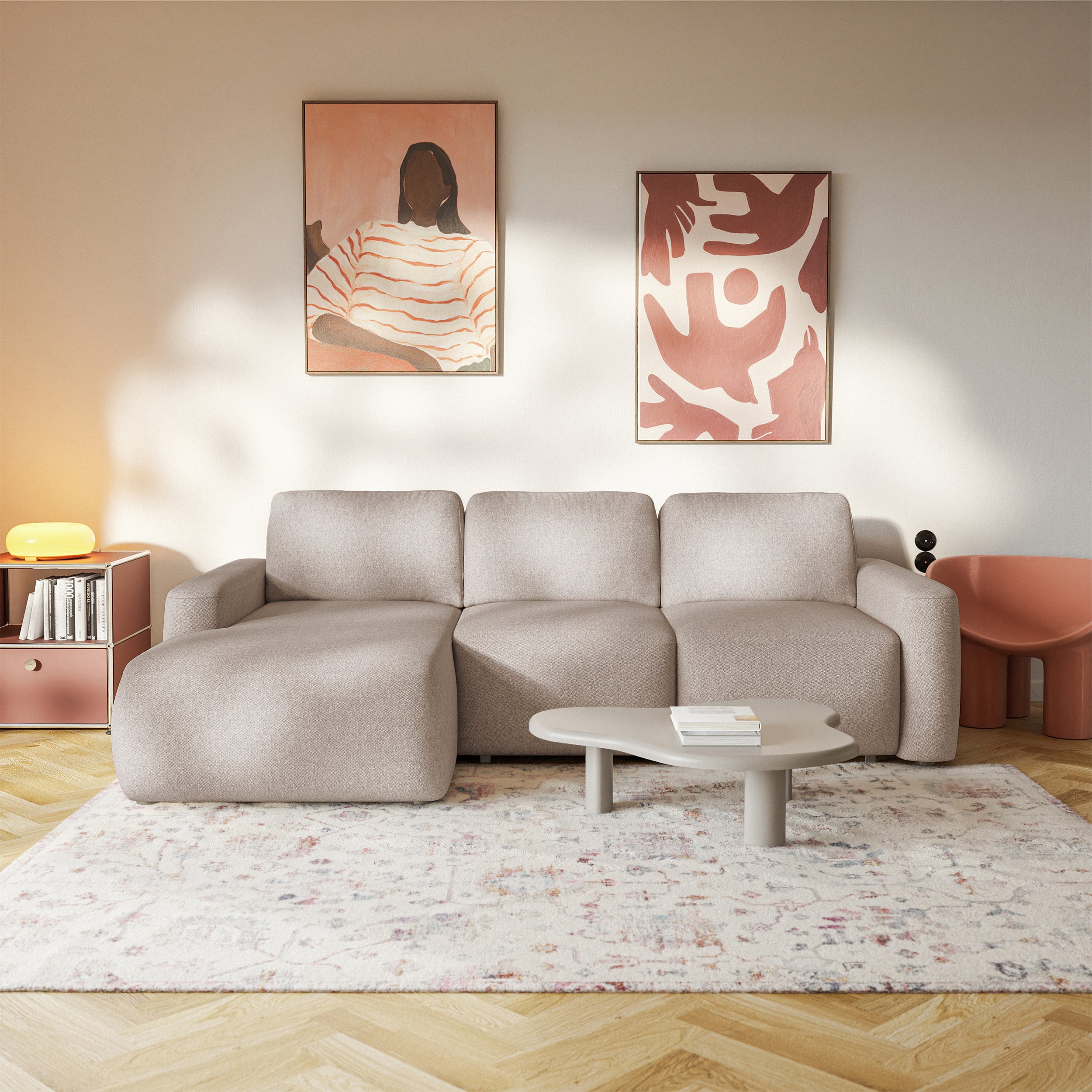 Ecksofa mit Schlaffunktion Carnos Mini, L-förmig, linksseitig, beige, pflegeleichter Chenillestoff