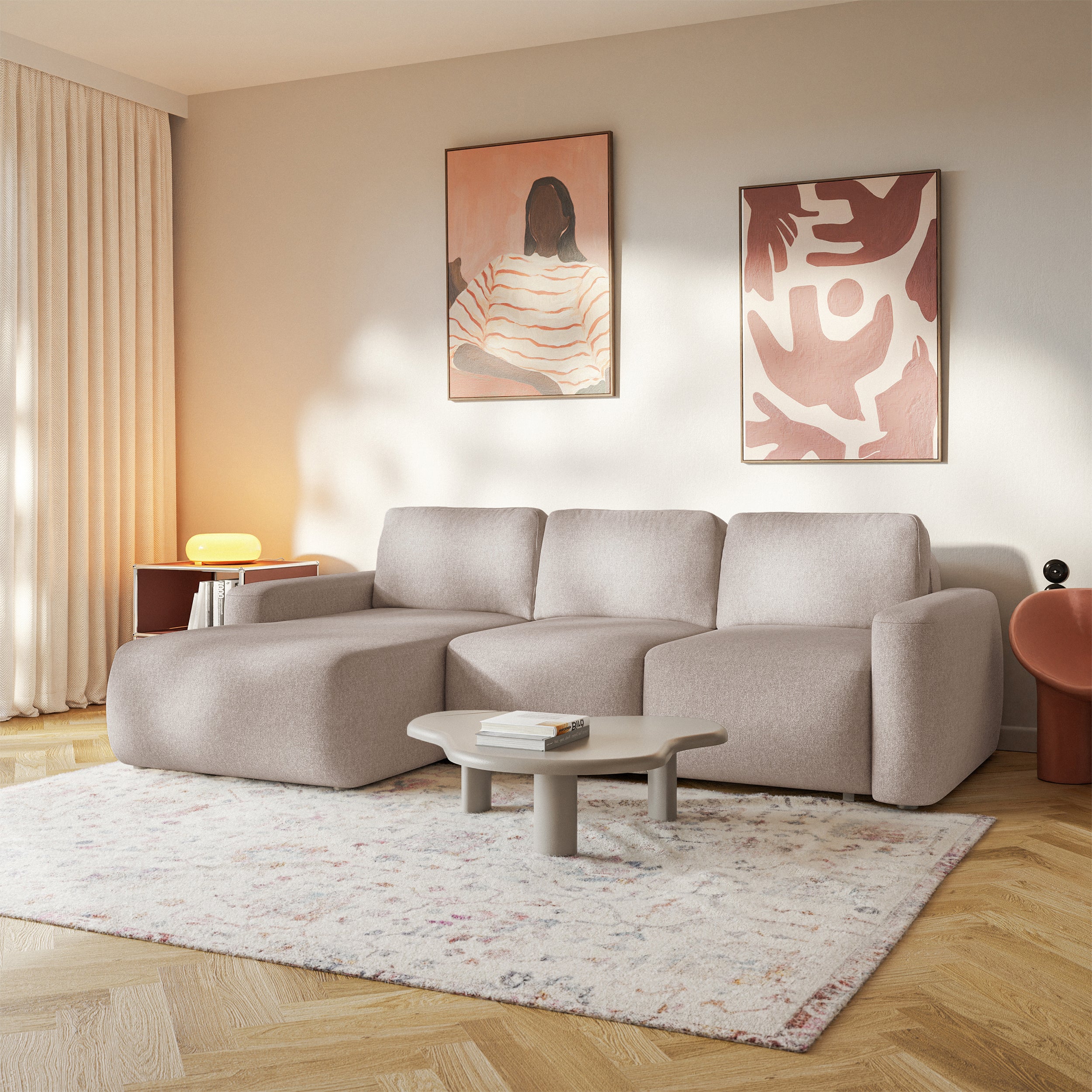 Ecksofa mit Schlaffunktion Carnos Mini, L-förmig, linksseitig, beige, pflegeleichter Chenillestoff
