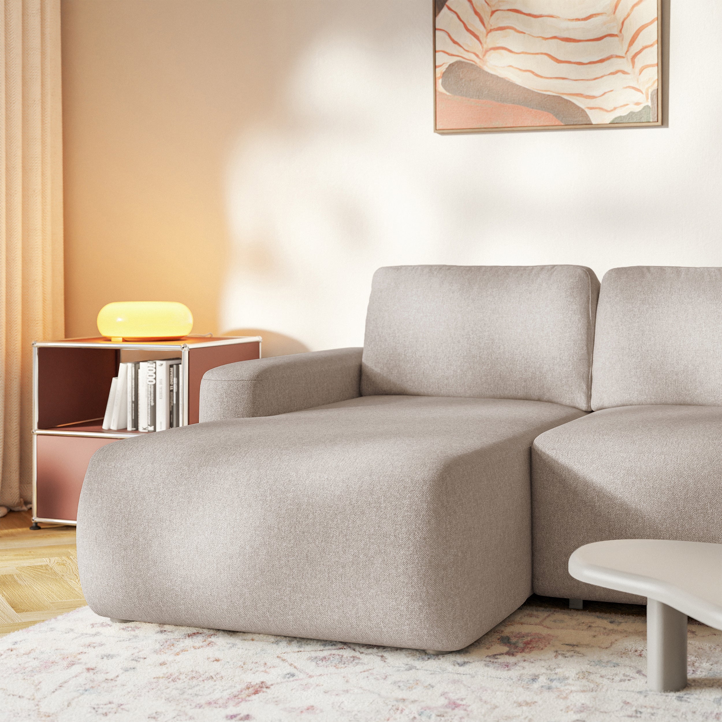 Ecksofa mit Schlaffunktion Carnos Mini, L-förmig, linksseitig, beige, pflegeleichter Chenillestoff